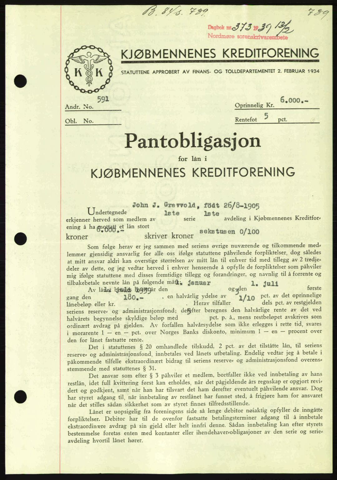 Nordmøre sorenskriveri, SAT/A-4132/1/2/2Ca: Mortgage book no. B84, 1938-1939, Diary no: : 373/1939