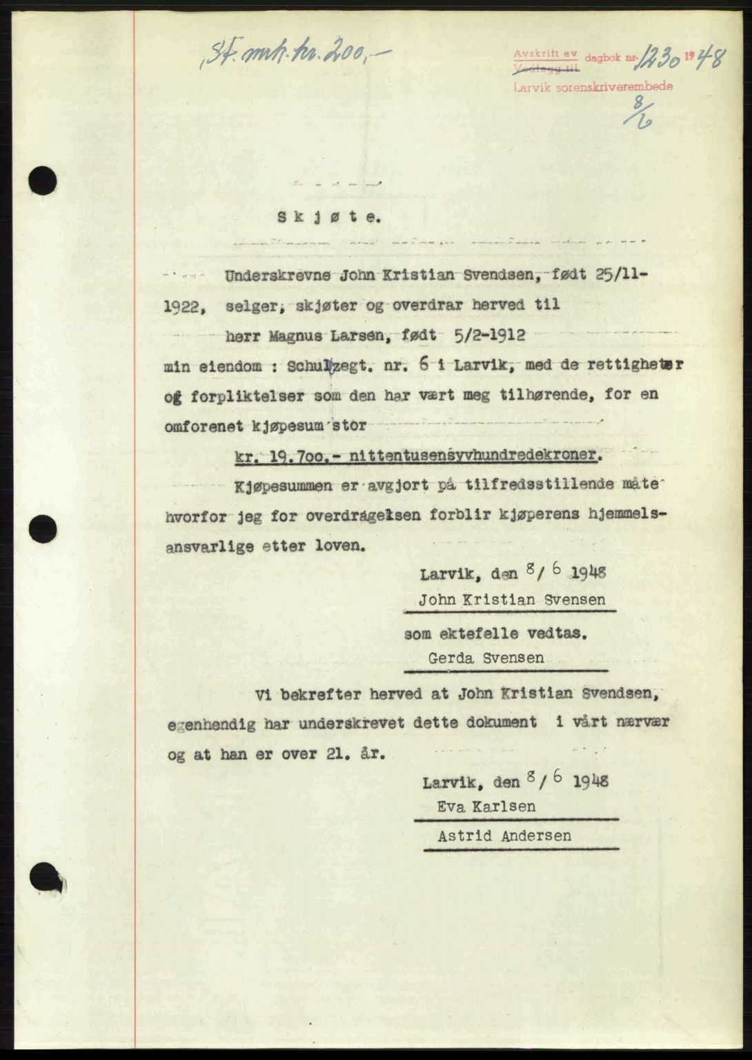 Larvik sorenskriveri, AV/SAKO-A-83/G/Ga/Gab/L0086: Mortgage book no. A-20, 1948-1948, Diary no: : 1230/1948