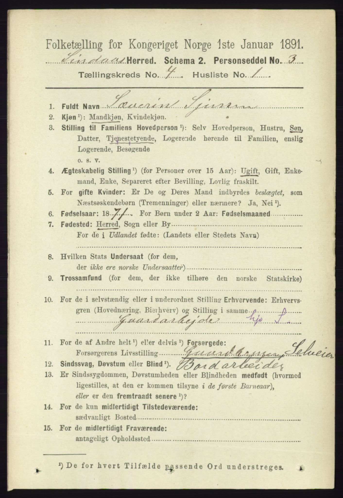 RA, 1891 census for 1263 Lindås, 1891, p. 1129