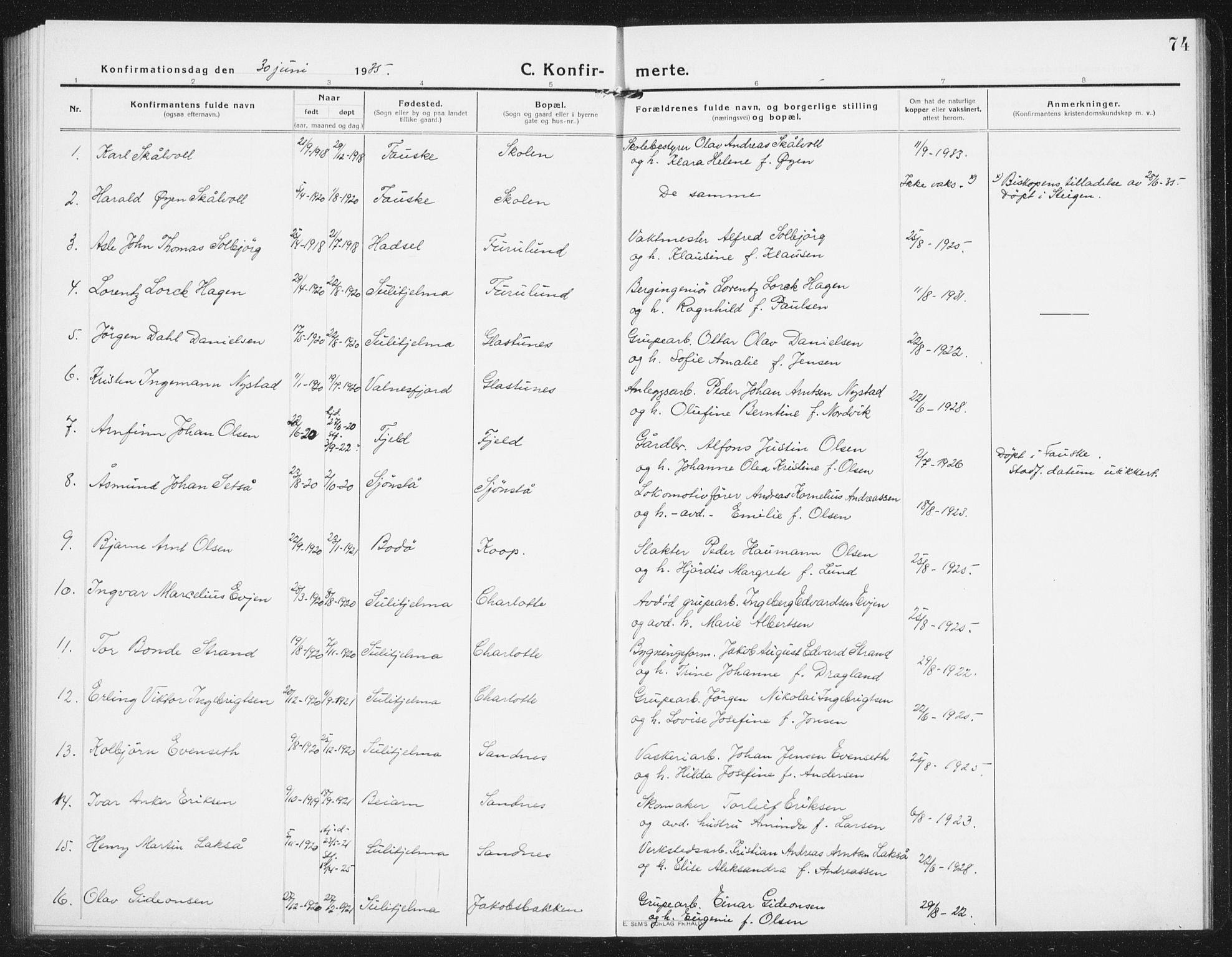 Ministerialprotokoller, klokkerbøker og fødselsregistre - Nordland, AV/SAT-A-1459/850/L0717: Parish register (copy) no. 850C01, 1915-1941, p. 74