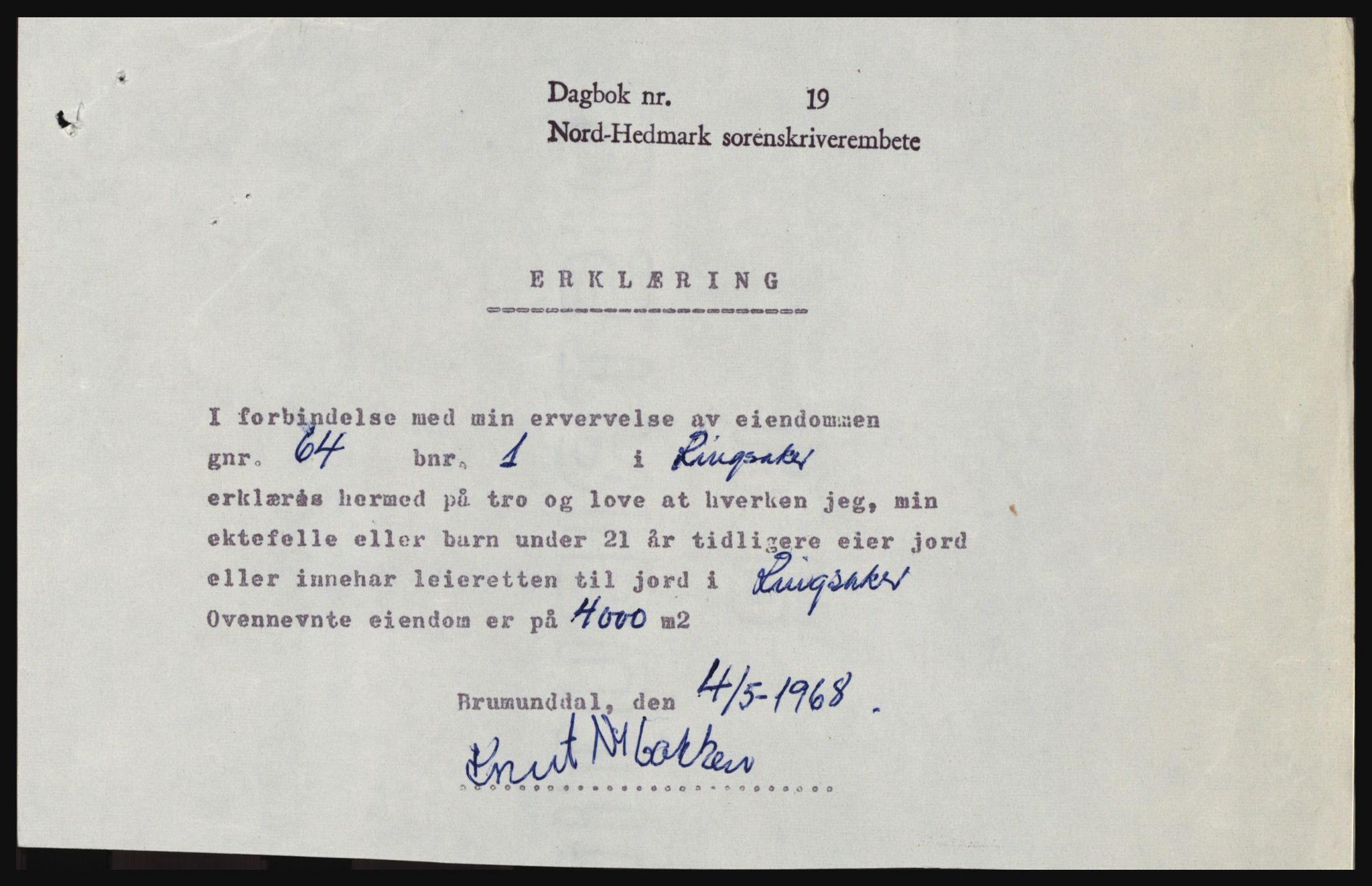 Nord-Hedmark sorenskriveri, SAH/TING-012/H/Hc/L0028: Mortgage book no. 28, 1968-1968, Diary no: : 2004/1968