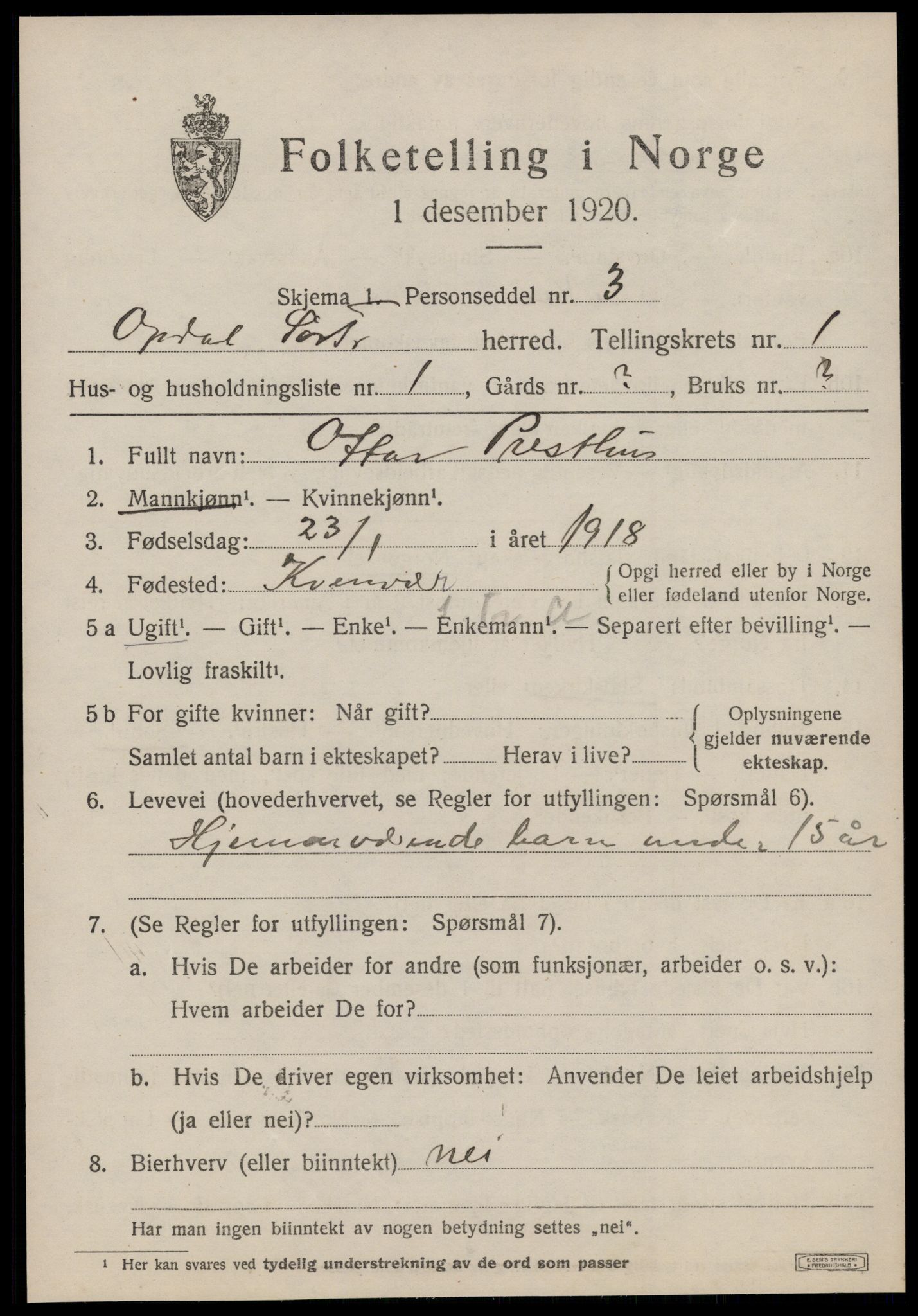 SAT, 1920 census for Oppdal, 1920, p. 1575