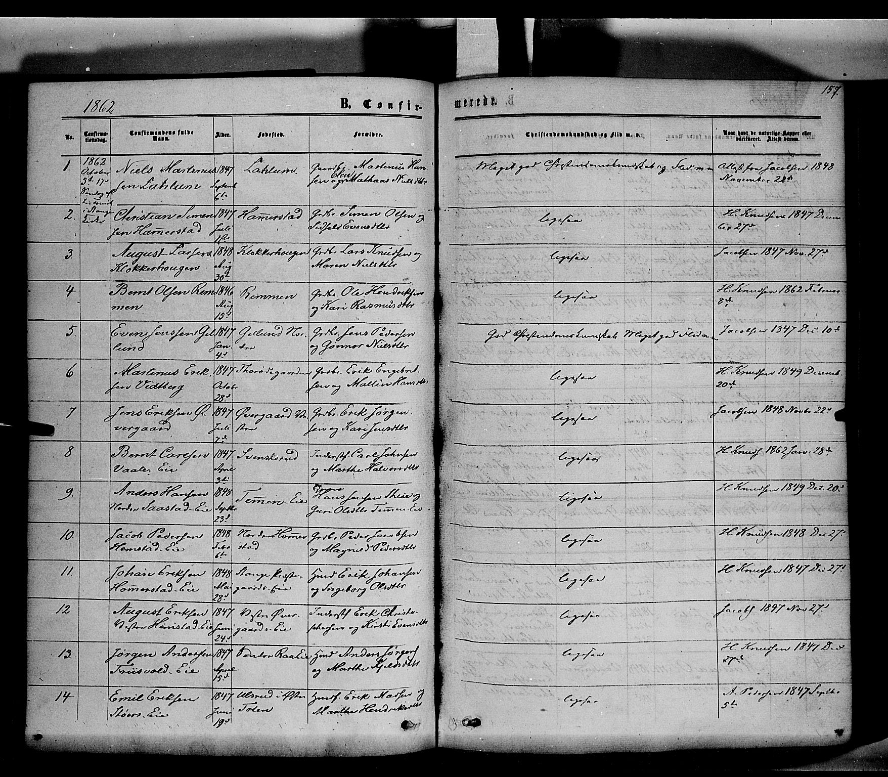 Stange prestekontor, SAH/PREST-002/K/L0013: Parish register (official) no. 13, 1862-1879, p. 157
