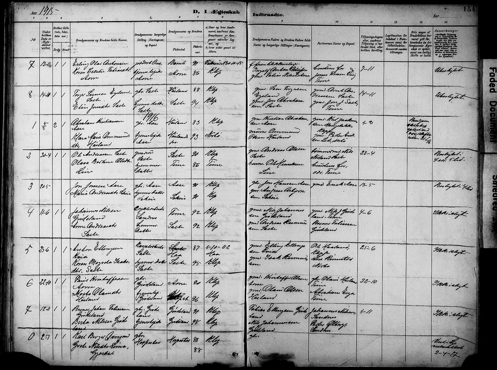 Klepp sokneprestkontor, SAST/A-101803/001/3/30BB/L0005: Parish register (copy) no. B 5, 1889-1918, p. 154