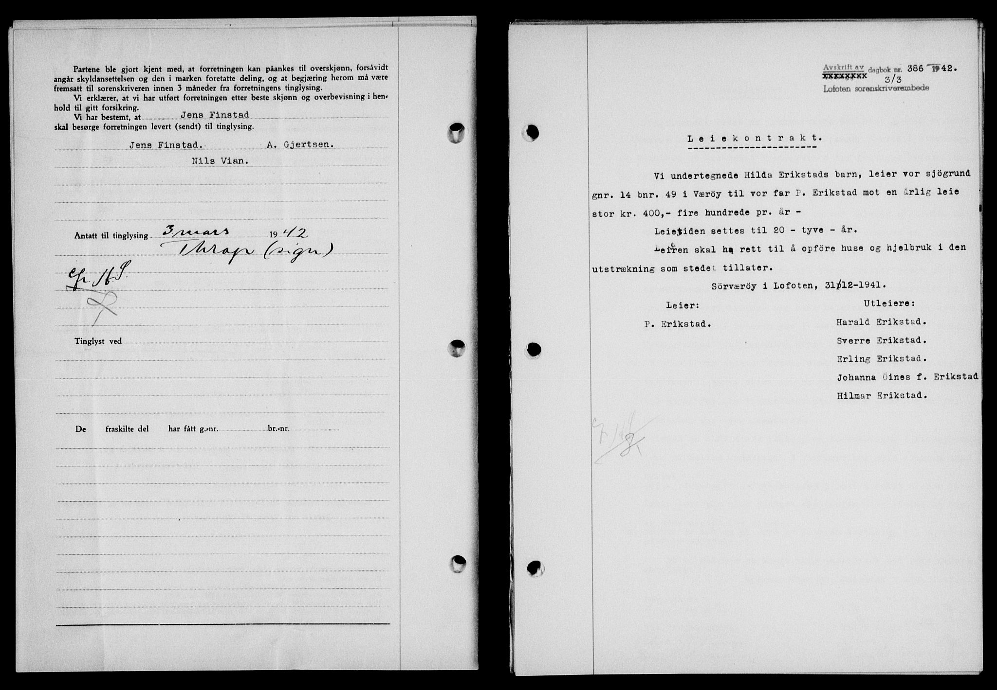 Lofoten sorenskriveri, SAT/A-0017/1/2/2C/L0009a: Mortgage book no. 9a, 1941-1942, Diary no: : 386/1942