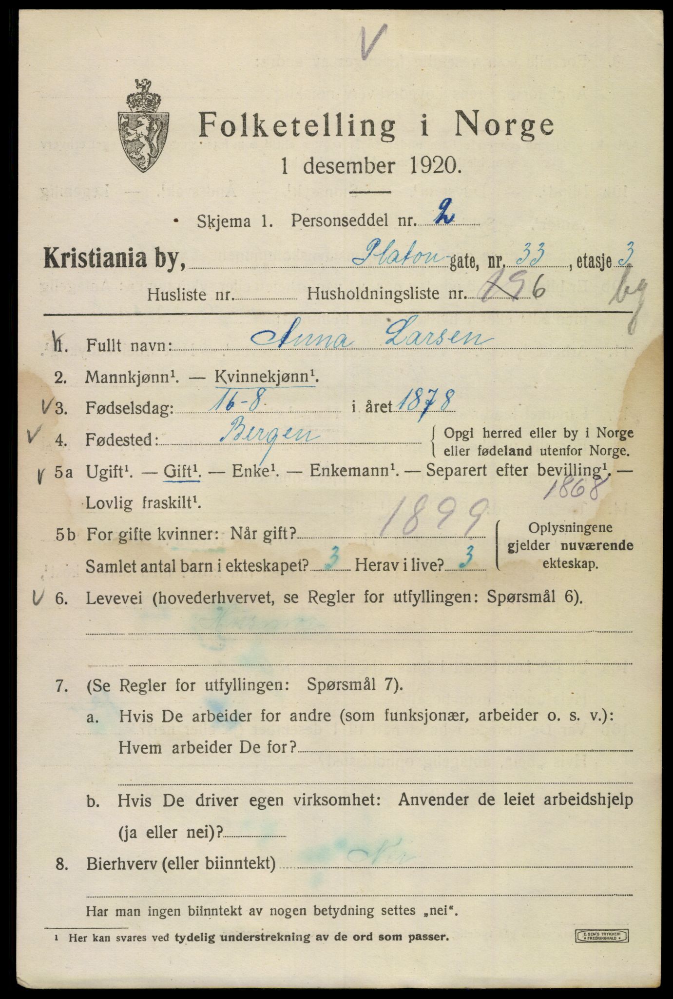 SAO, 1920 census for Kristiania, 1920, p. 456235