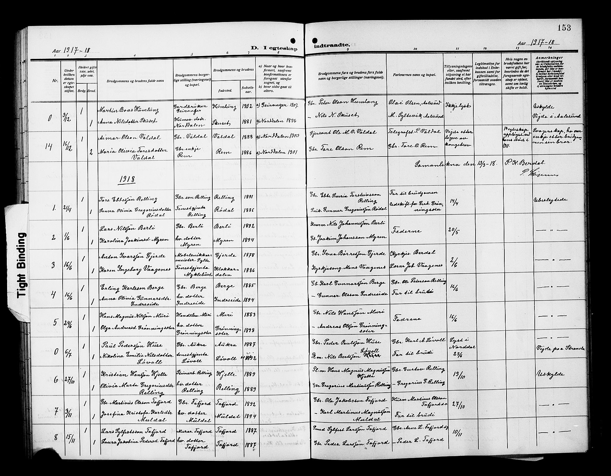 Ministerialprotokoller, klokkerbøker og fødselsregistre - Møre og Romsdal, SAT/A-1454/519/L0265: Parish register (copy) no. 519C06, 1911-1921, p. 153