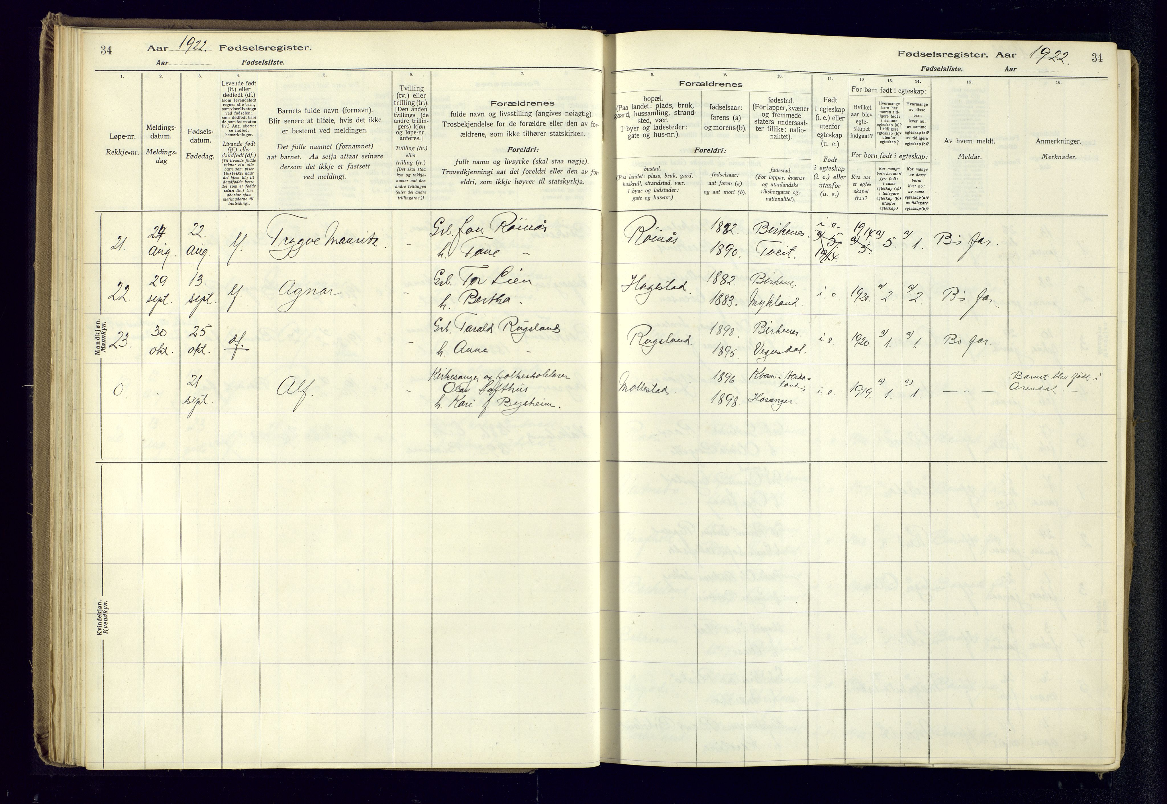 Birkenes sokneprestkontor, AV/SAK-1111-0004/J/Ja/L0001: Birth register no. II.6.4, 1916-1962, p. 34