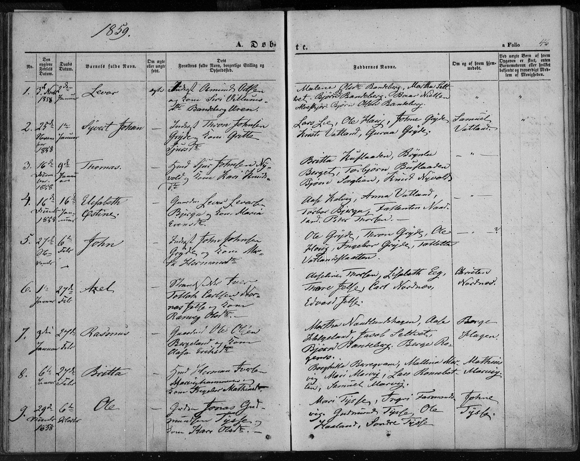 Jelsa sokneprestkontor, AV/SAST-A-101842/01/IV: Parish register (official) no. A 7, 1854-1866, p. 46