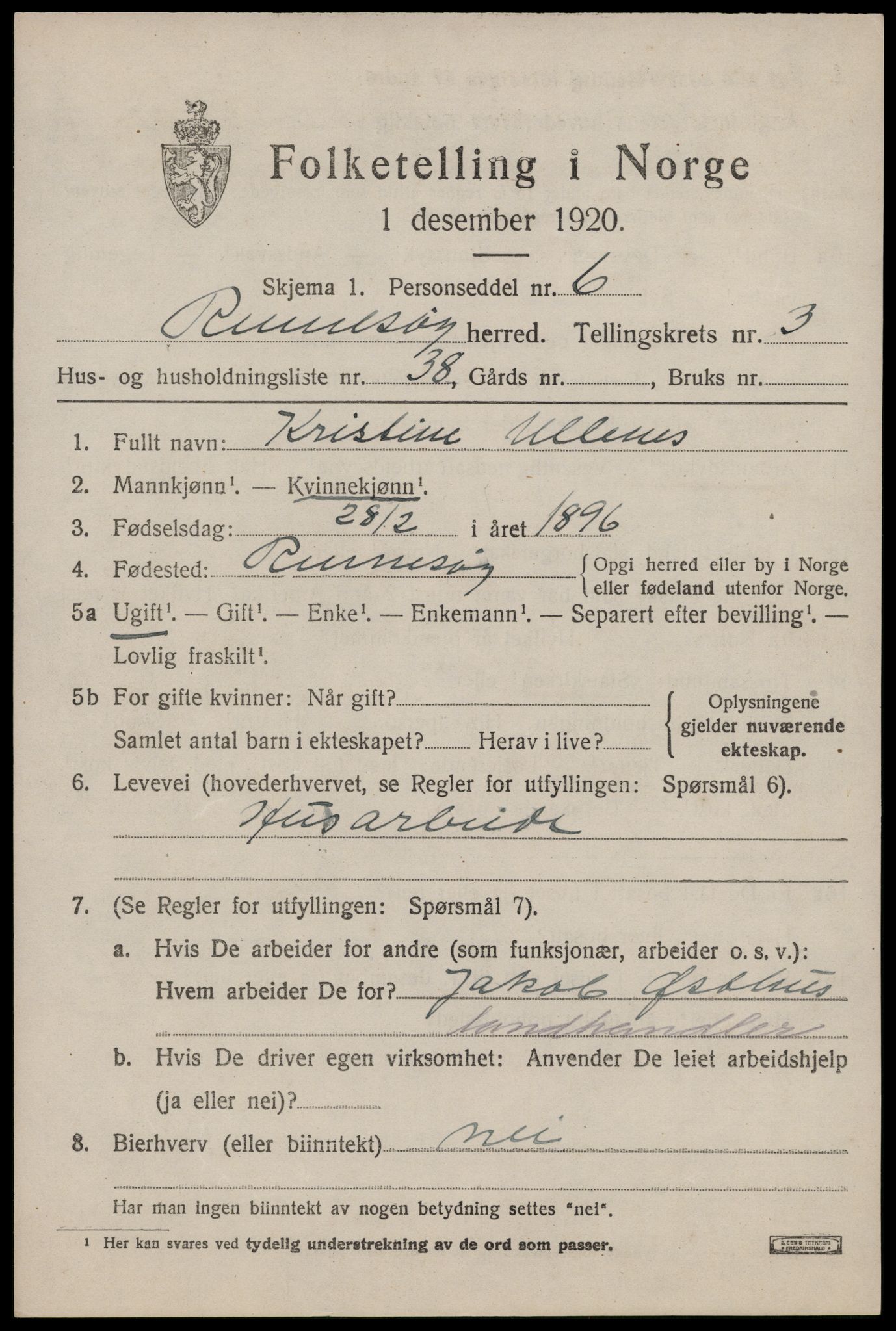 SAST, 1920 census for Rennesøy, 1920, p. 2422