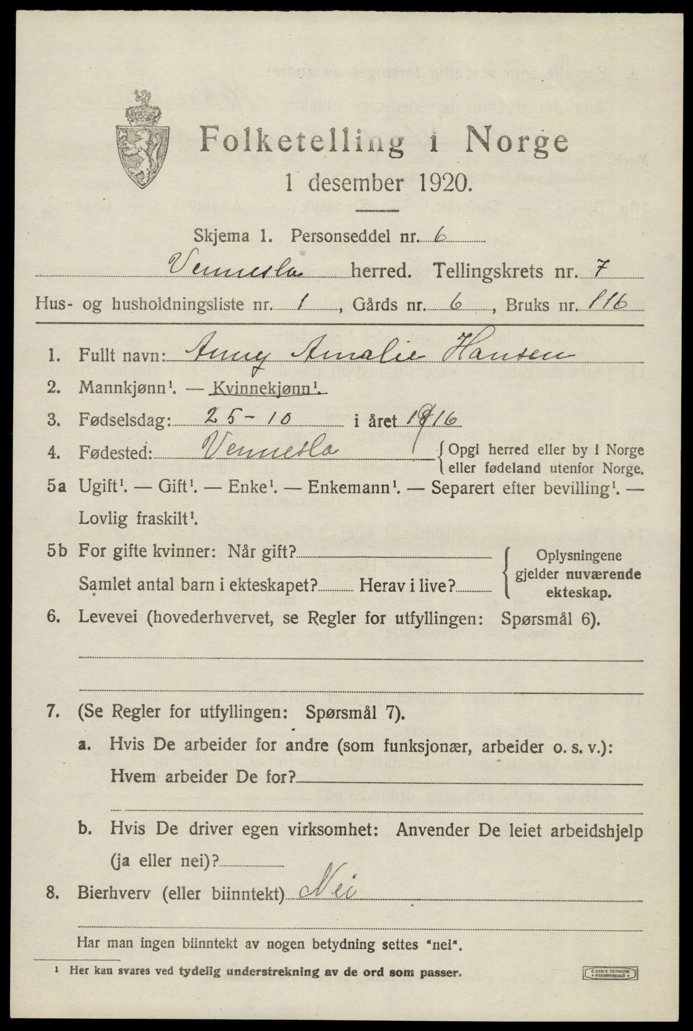 SAK, 1920 census for Vennesla, 1920, p. 4734