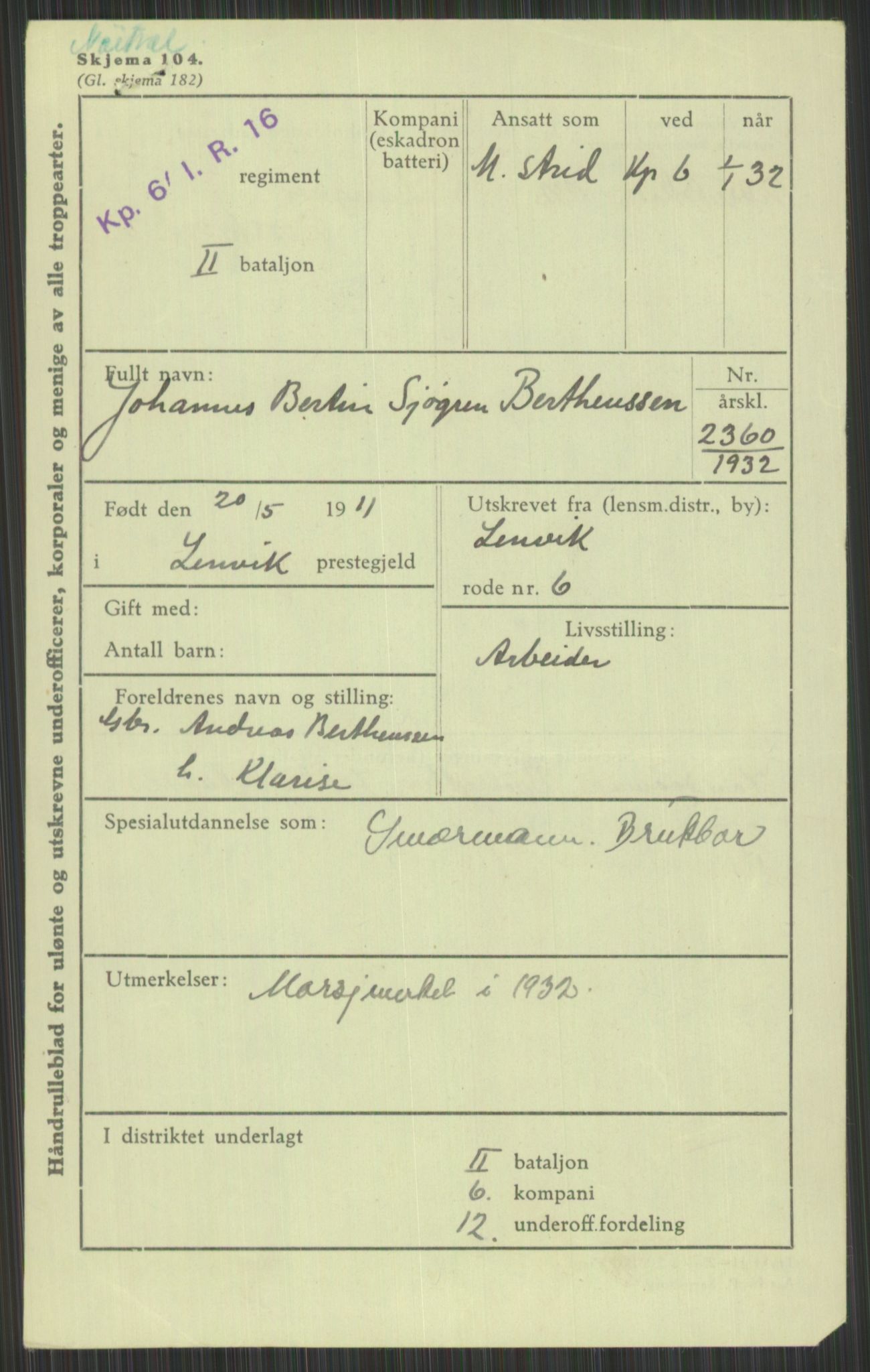 Forsvaret, Troms infanteriregiment nr. 16, AV/RA-RAFA-3146/P/Pa/L0016: Rulleblad for regimentets menige mannskaper, årsklasse 1932, 1932, p. 123