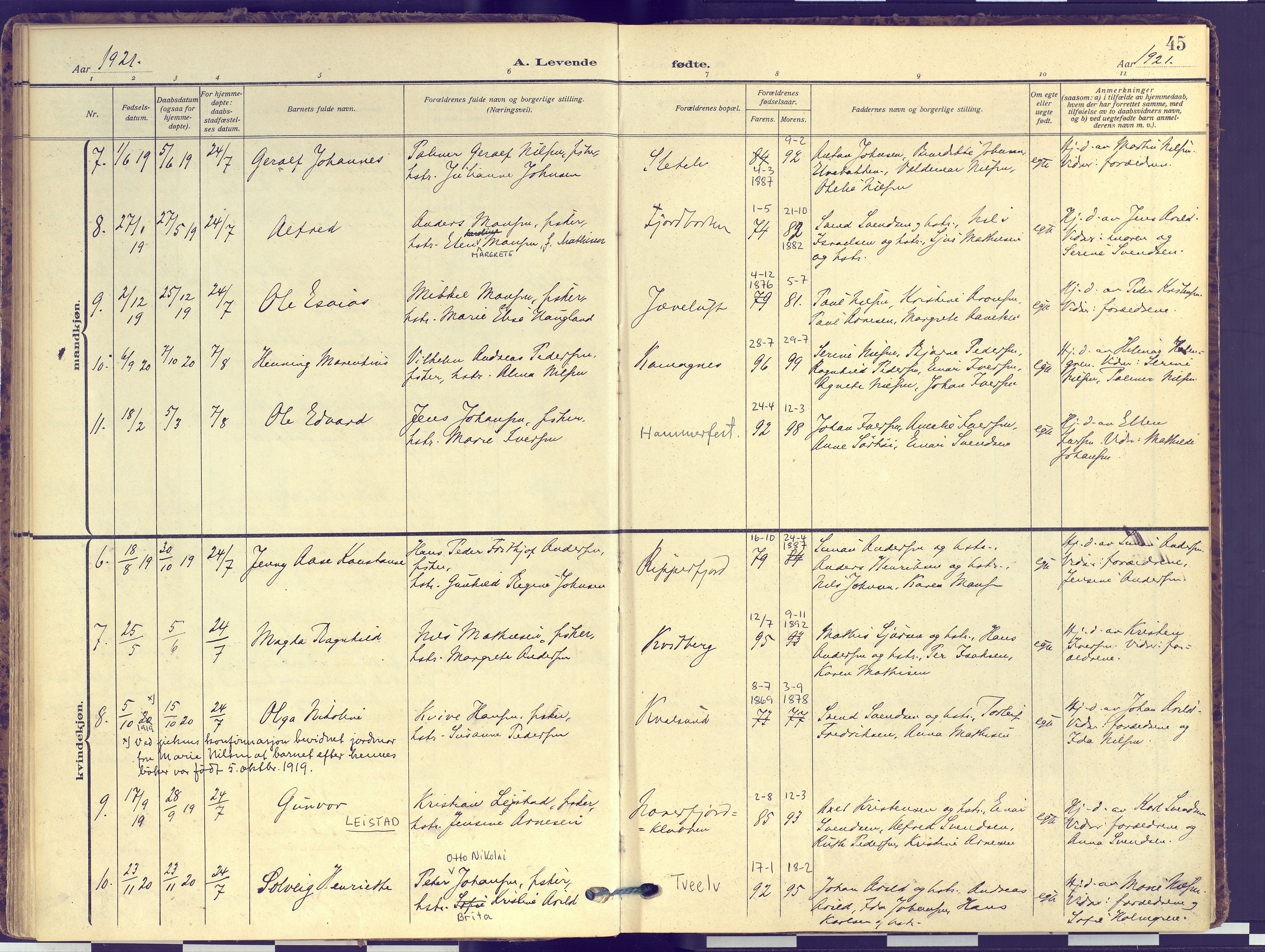 Hammerfest sokneprestkontor, AV/SATØ-S-1347/H/Ha/L0016.kirke: Parish register (official) no. 16, 1908-1923, p. 45