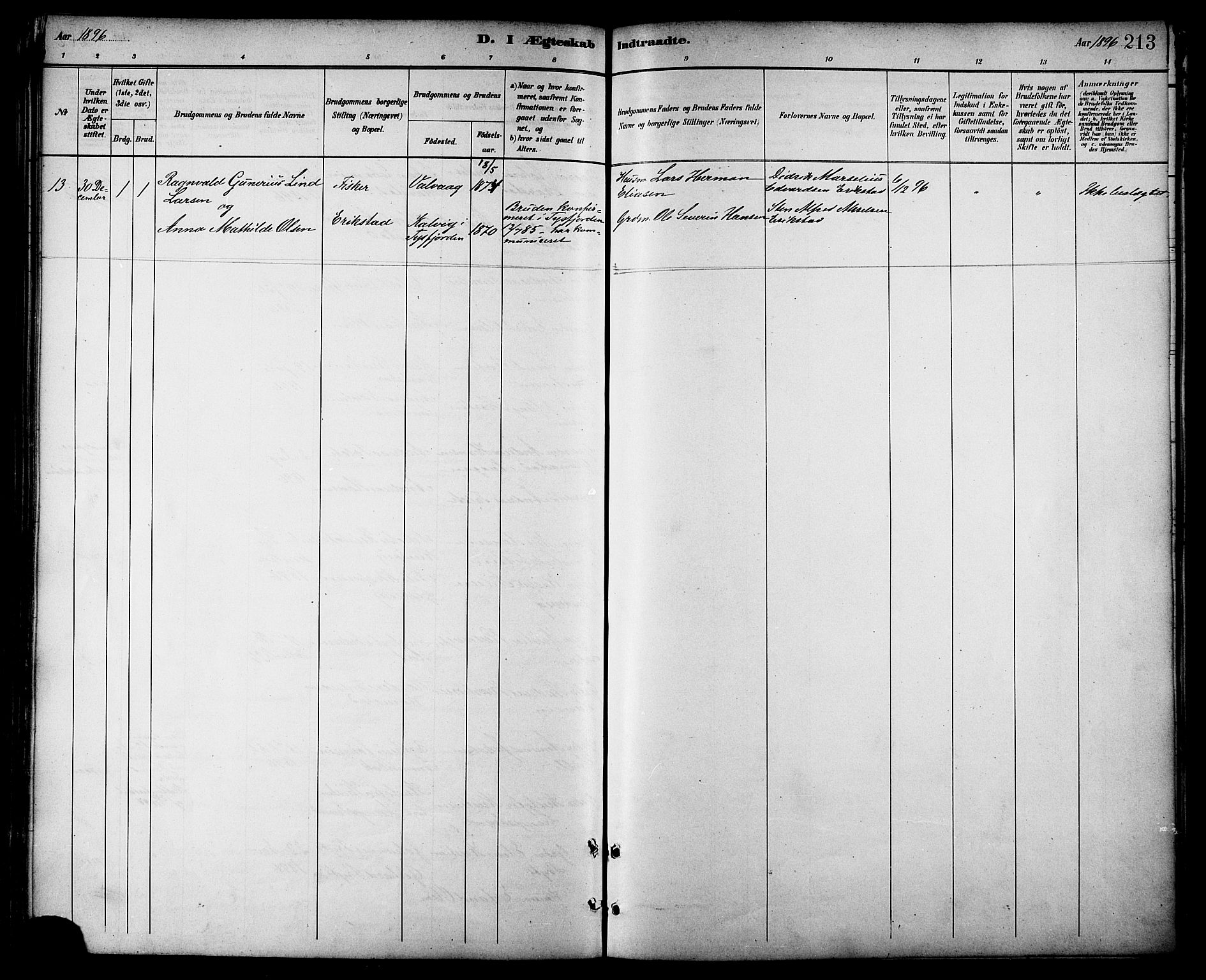 Ministerialprotokoller, klokkerbøker og fødselsregistre - Nordland, AV/SAT-A-1459/872/L1035: Parish register (official) no. 872A10, 1884-1896, p. 213