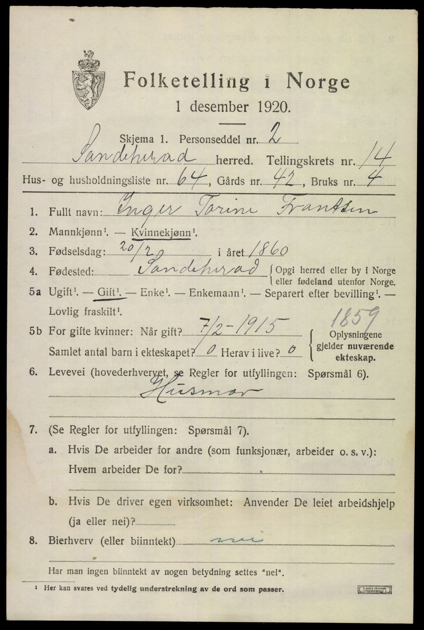 SAKO, 1920 census for Sandeherred, 1920, p. 21138