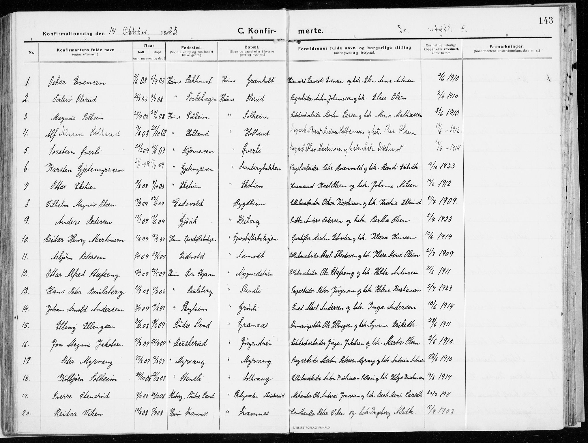 Vardal prestekontor, SAH/PREST-100/H/Ha/Haa/L0017: Parish register (official) no. 17, 1915-1929, p. 143