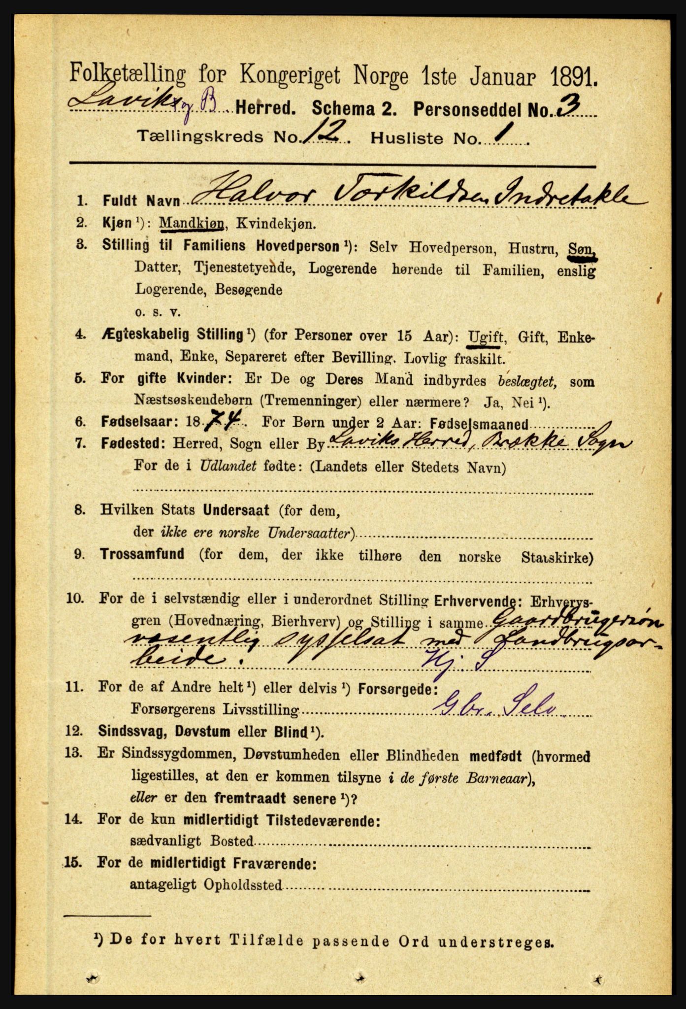 RA, 1891 census for 1415 Lavik og Brekke, 1891, p. 2352