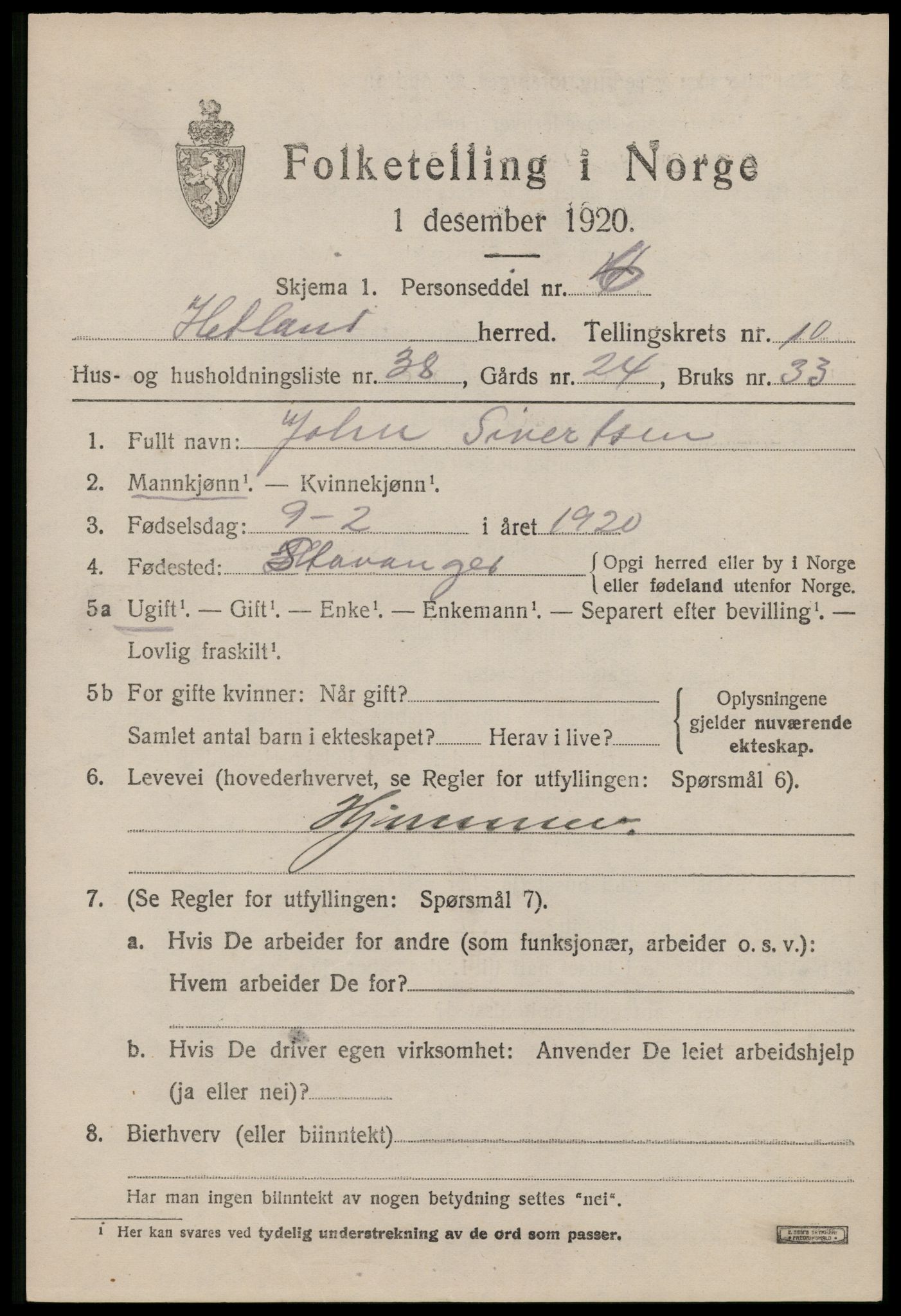 SAST, 1920 census for Hetland, 1920, p. 19407