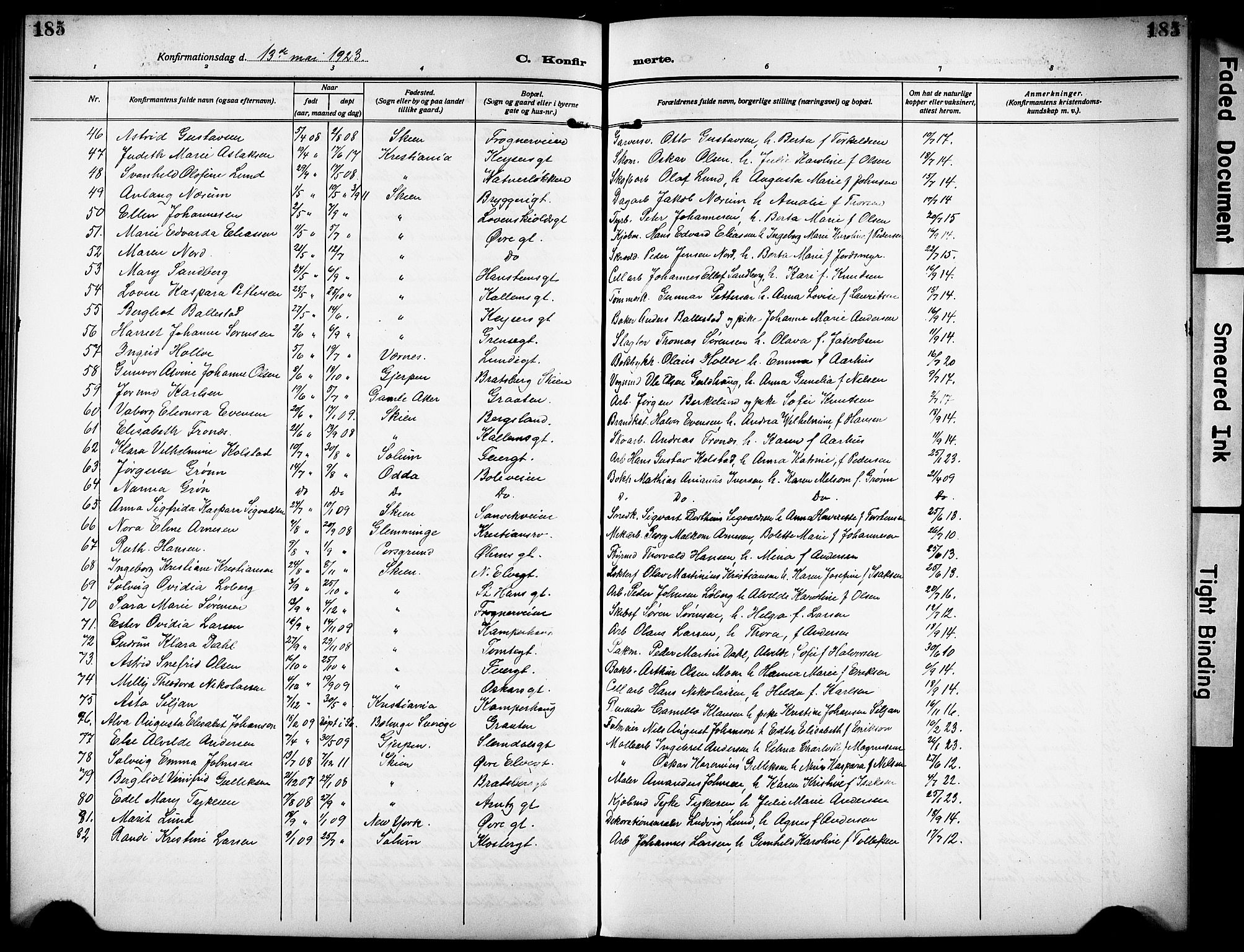 Skien kirkebøker, SAKO/A-302/G/Ga/L0010: Parish register (copy) no. 10, 1920-1931, p. 185