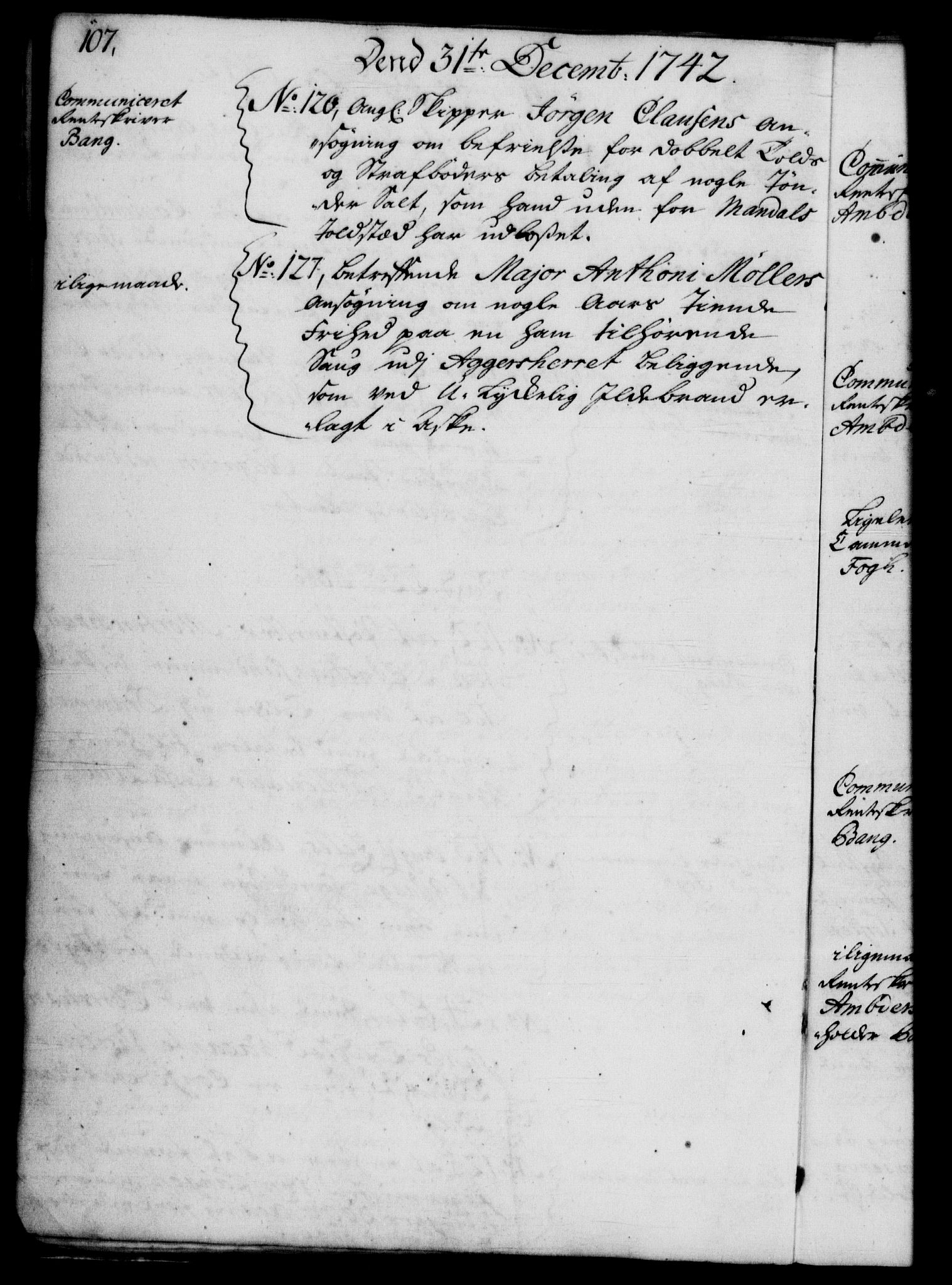 Rentekammeret, Kammerkanselliet, RA/EA-3111/G/Gf/Gfb/L0004: Register til norske relasjons- og resolusjonsprotokoller (merket RK 52.99), 1736-1743, p. 107