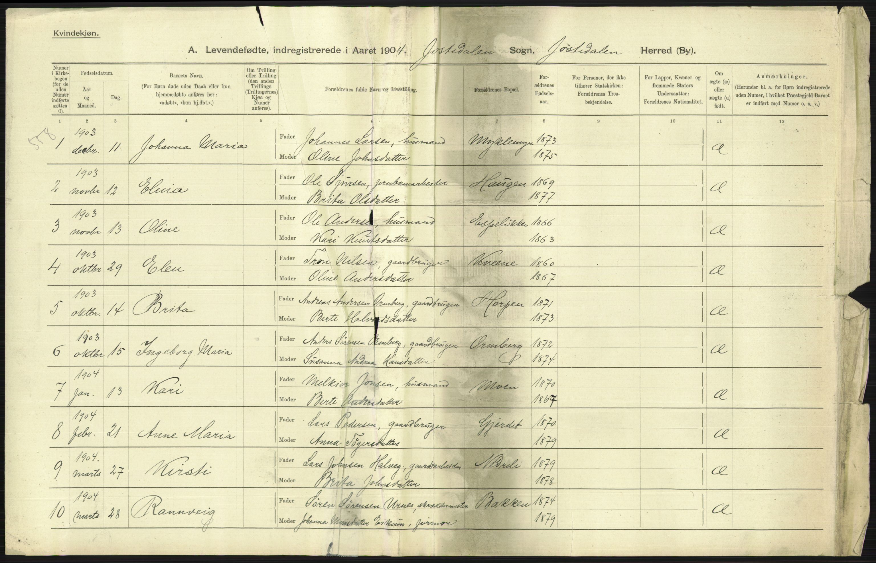 Statistisk sentralbyrå, Sosiodemografiske emner, Befolkning, RA/S-2228/D/Df/Dfa/Dfab/L0015: Nordre Bergenhus amt: Fødte, gifte, døde. Bygder, 1904, p. 407