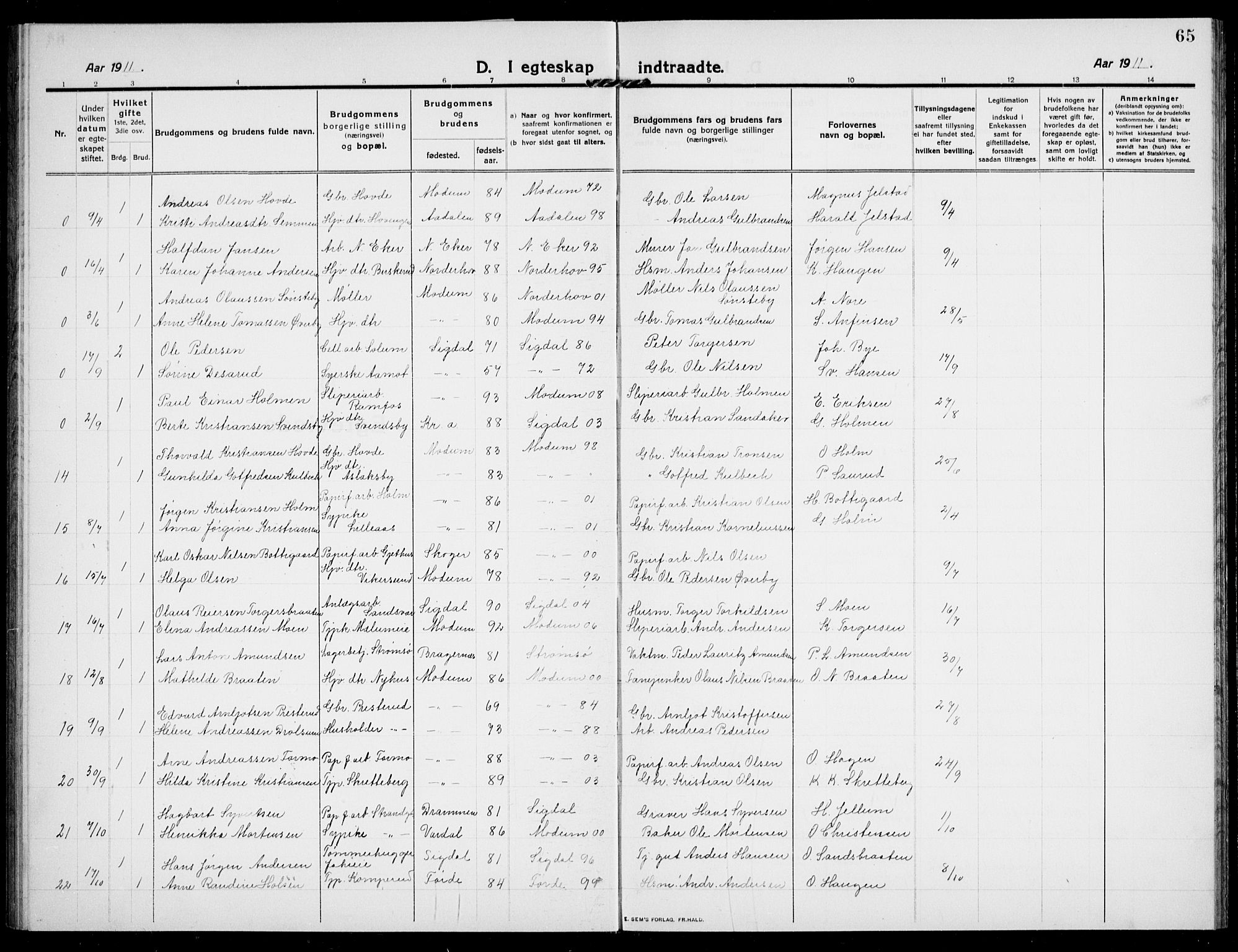 Modum kirkebøker, AV/SAKO-A-234/G/Ga/L0010: Parish register (copy) no. I 10, 1909-1923, p. 65