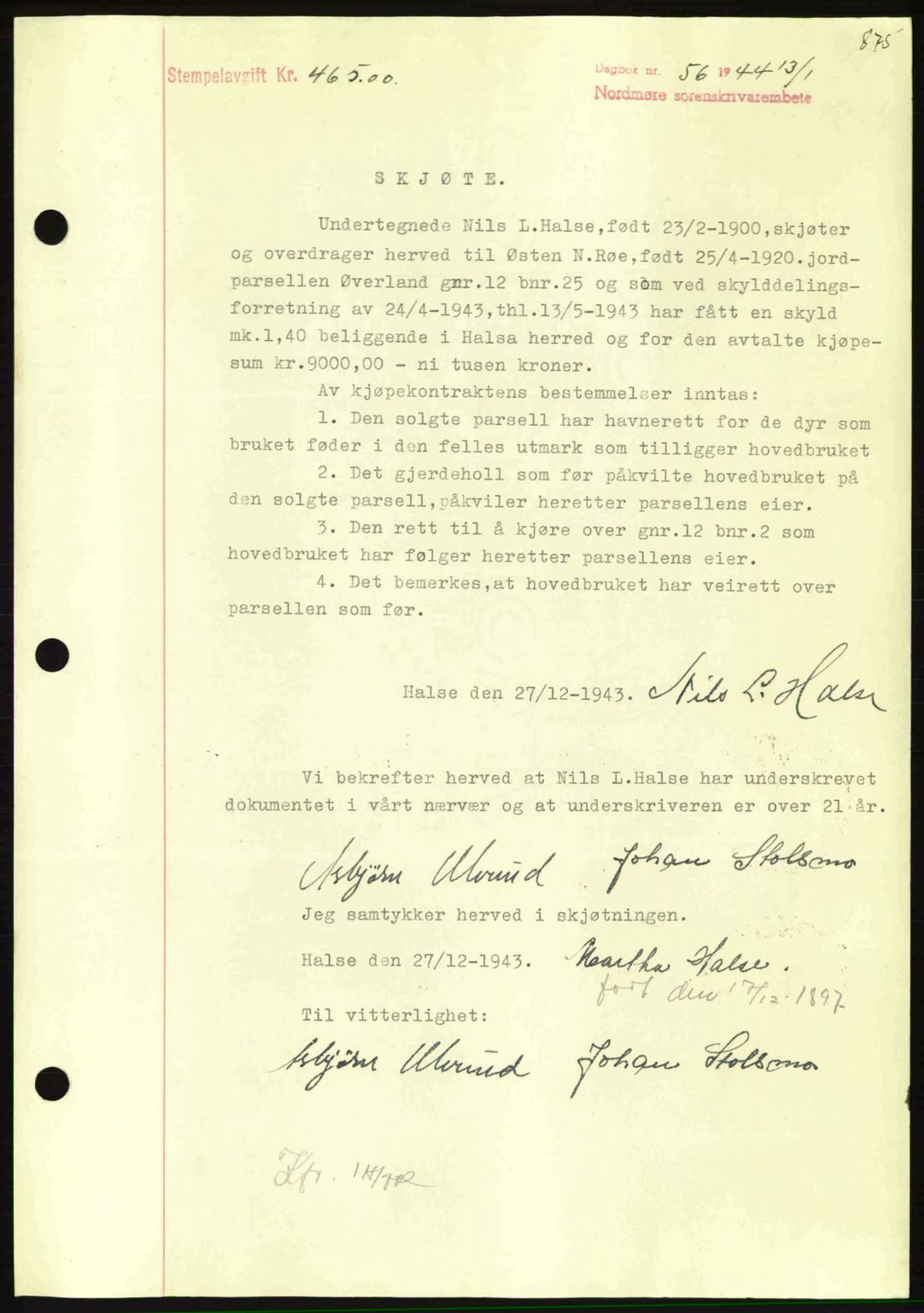 Nordmøre sorenskriveri, SAT/A-4132/1/2/2Ca: Mortgage book no. A96, 1943-1944, Diary no: : 56/1944