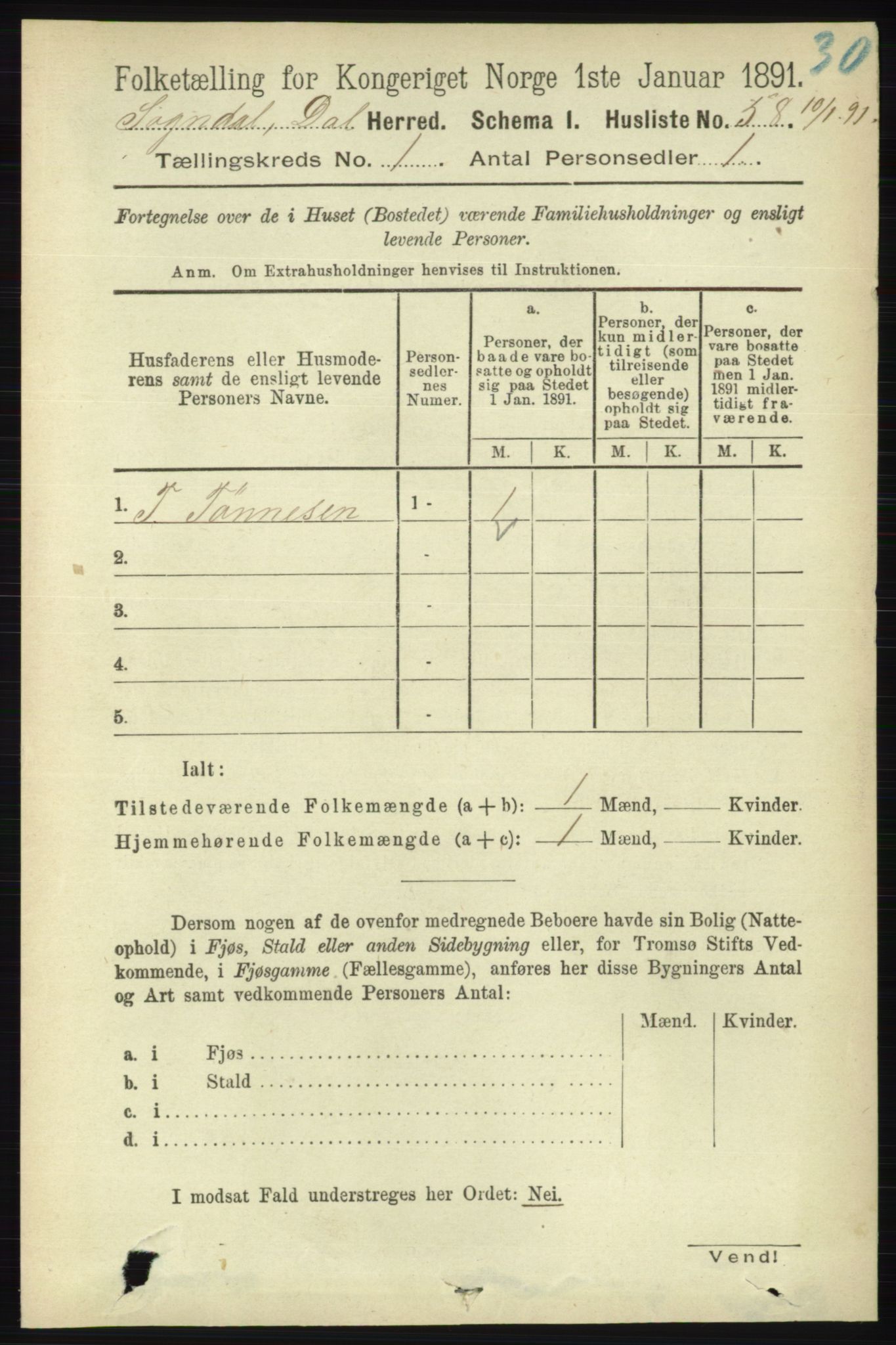 RA, 1891 census for 1111 Sokndal, 1891, p. 84