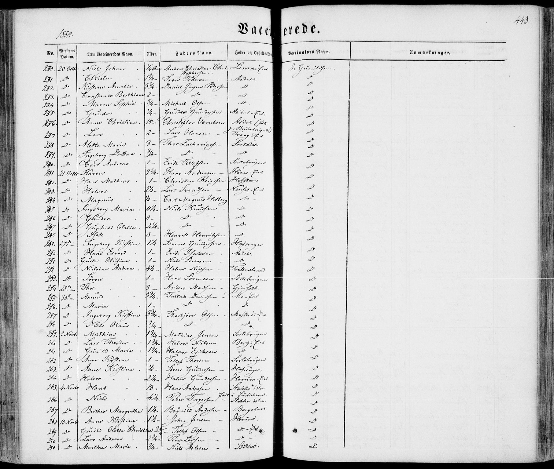 Bamble kirkebøker, SAKO/A-253/F/Fa/L0005: Parish register (official) no. I 5, 1854-1869, p. 443