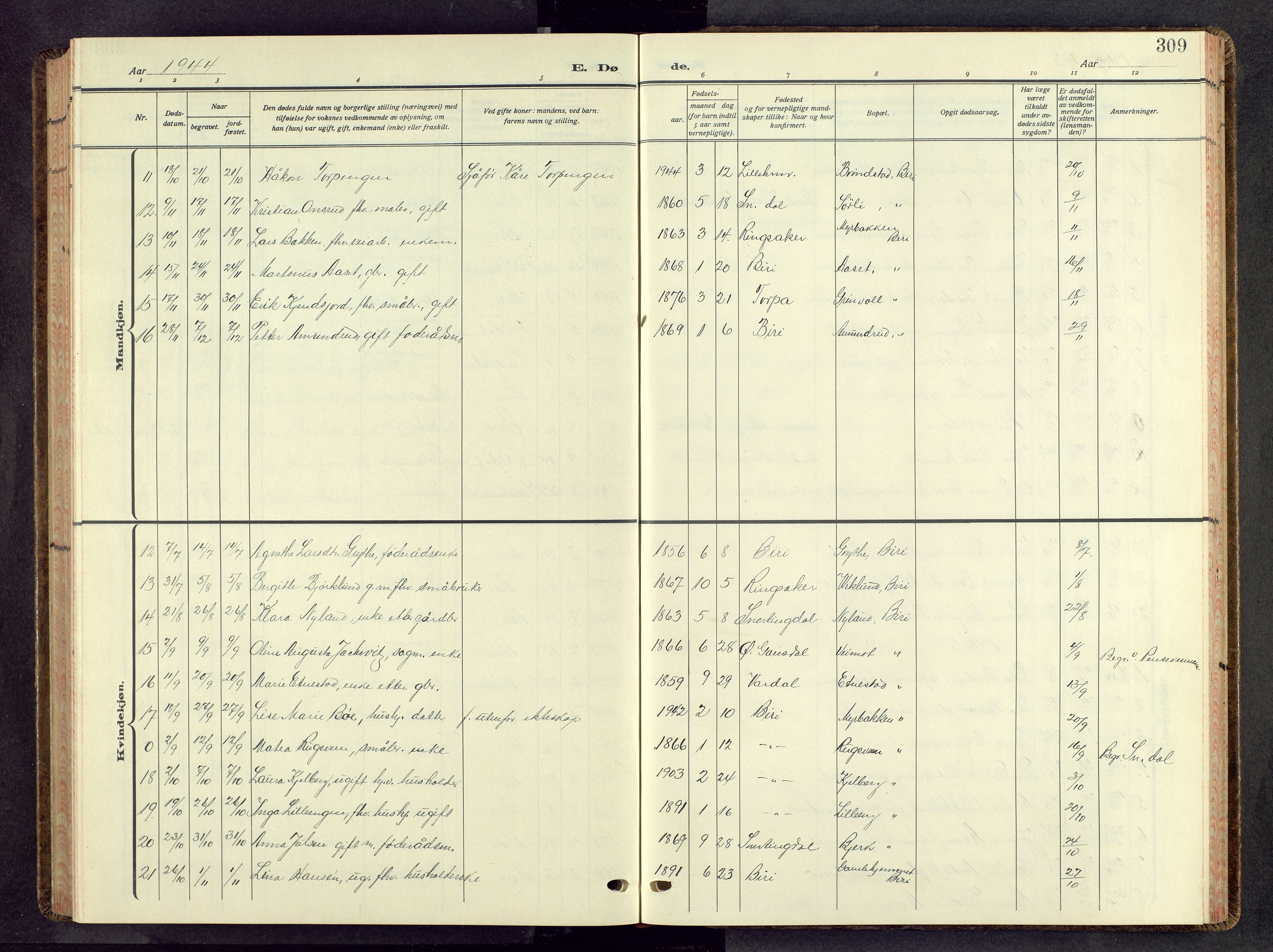 Biri prestekontor, AV/SAH-PREST-096/H/Ha/Hab/L0008: Parish register (copy) no. 8, 1939-1962, p. 309