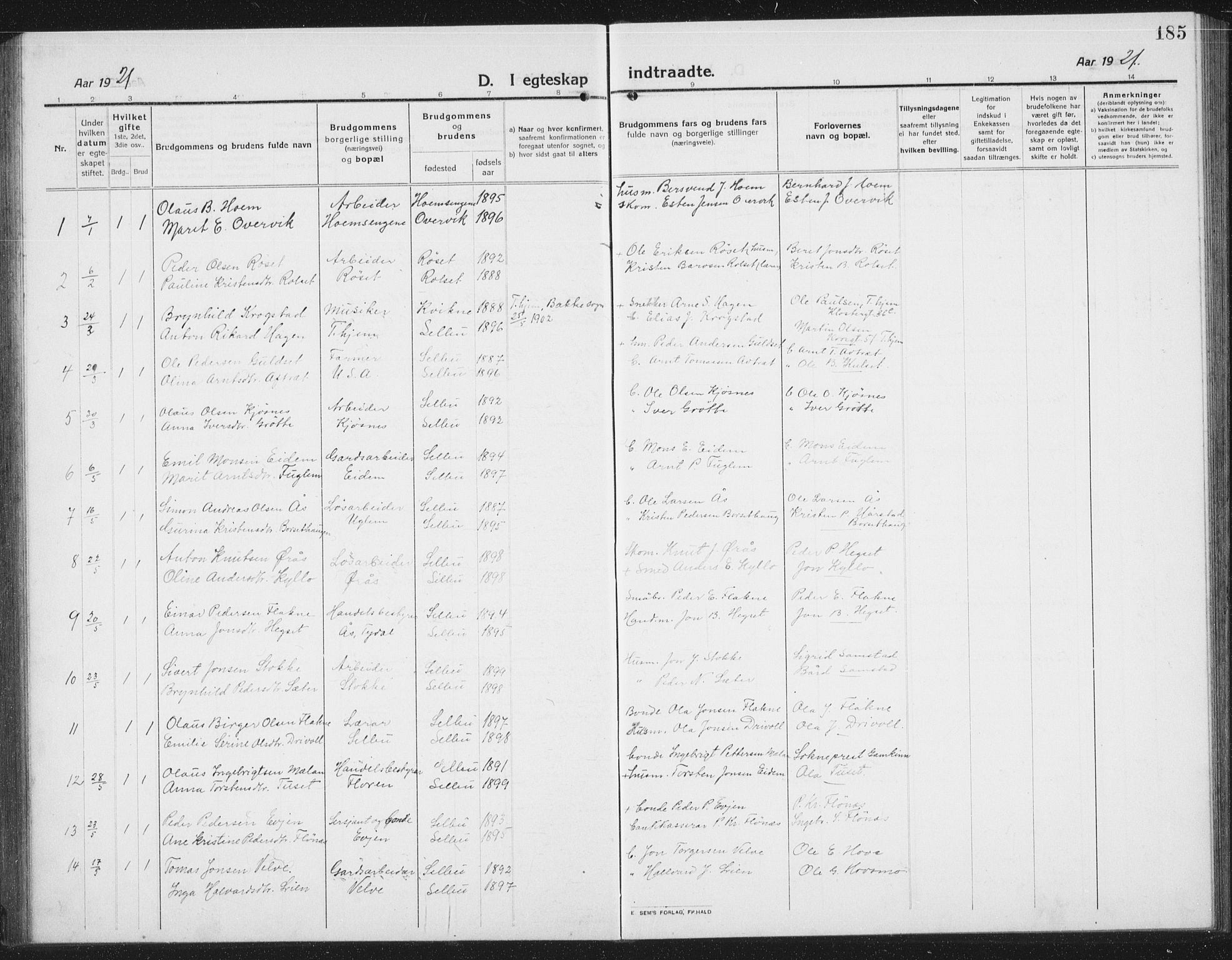 Ministerialprotokoller, klokkerbøker og fødselsregistre - Sør-Trøndelag, SAT/A-1456/695/L1158: Parish register (copy) no. 695C09, 1913-1940, p. 185