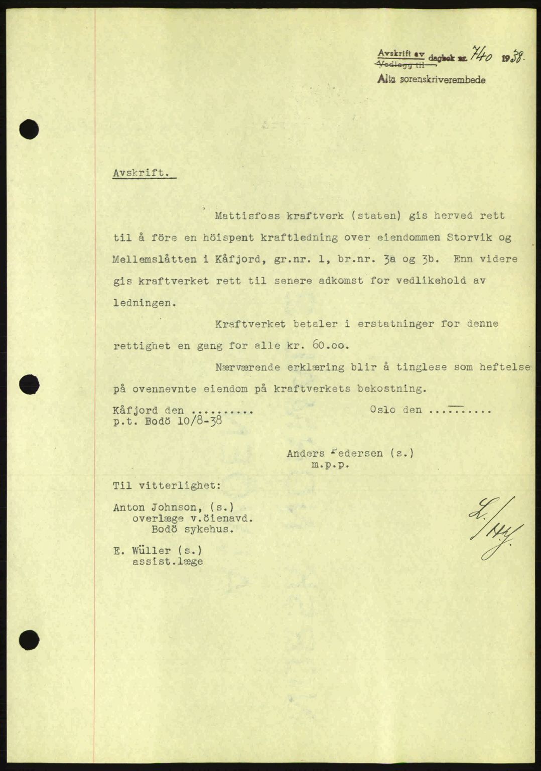 Alta fogderi/sorenskriveri, SATØ/SATØ-5/1/K/Kd/L0031pantebok: Mortgage book no. 31, 1938-1939, Diary no: : 740/1938