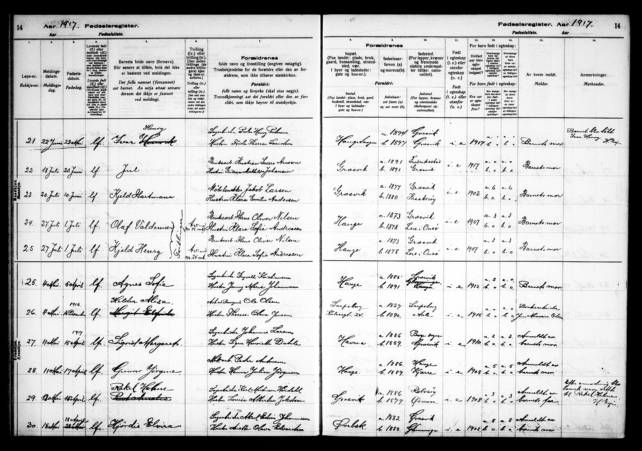 Onsøy prestekontor Kirkebøker, AV/SAO-A-10914/J/Jb/L0001: Birth register no. II 1, 1916-1938, p. 14