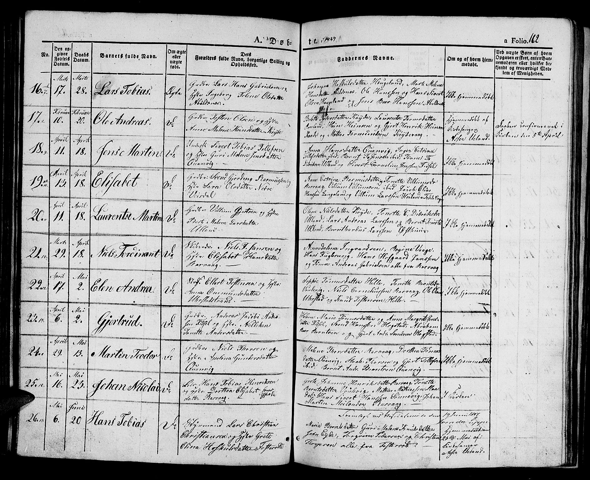 Flekkefjord sokneprestkontor, SAK/1111-0012/F/Fb/Fbb/L0002: Parish register (copy) no. B 2a, 1831-1866, p. 162