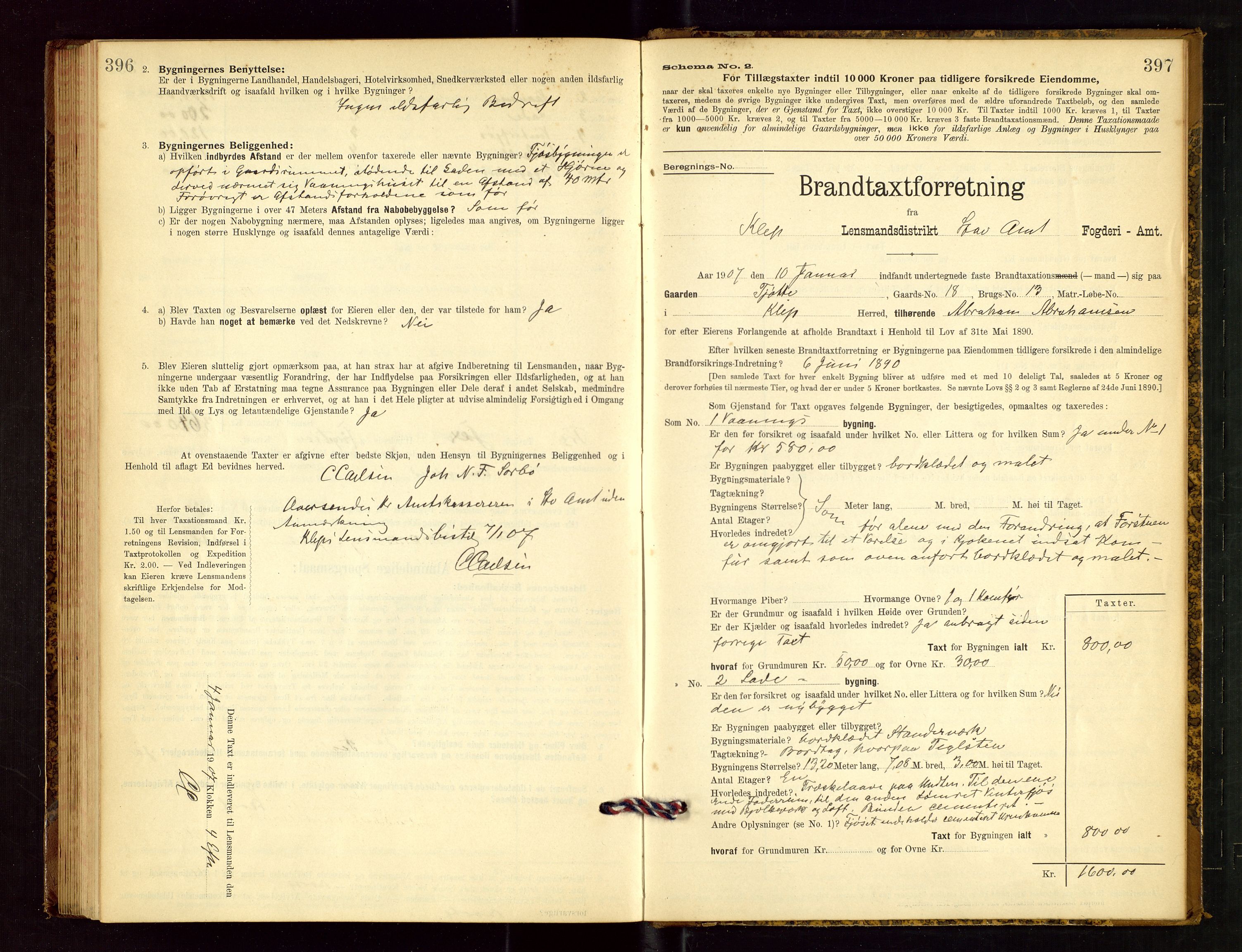 Klepp lensmannskontor, AV/SAST-A-100163/Goc/L0003: "Brandtaxationsprotokol" m/register, 1902-1907, p. 396-397