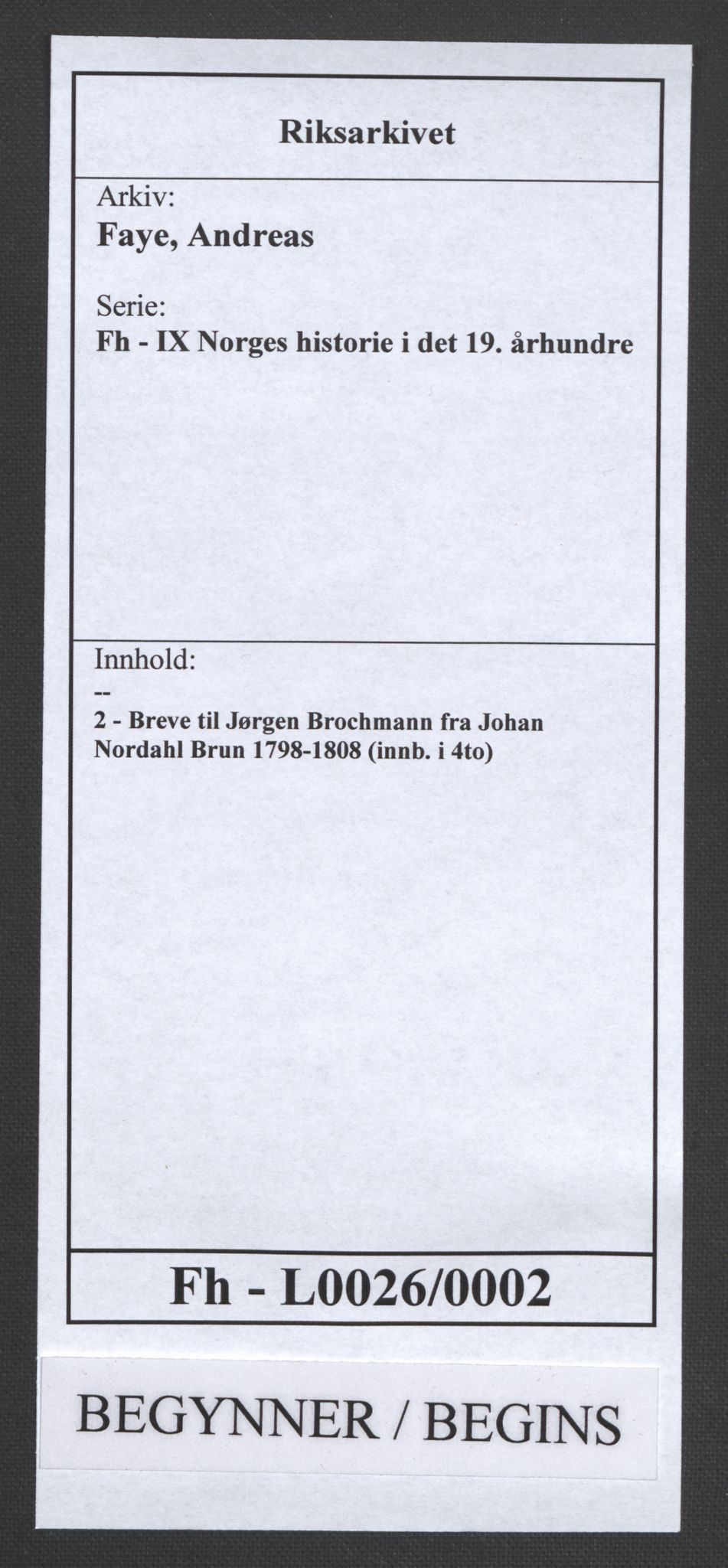 Faye, Andreas, RA/PA-0015/F/Fh/L0026/0002: -- / Breve til Jørgen Brochmann fra Johan Nordahl Brun 1798-1808 (innb. i 4to), p. 1
