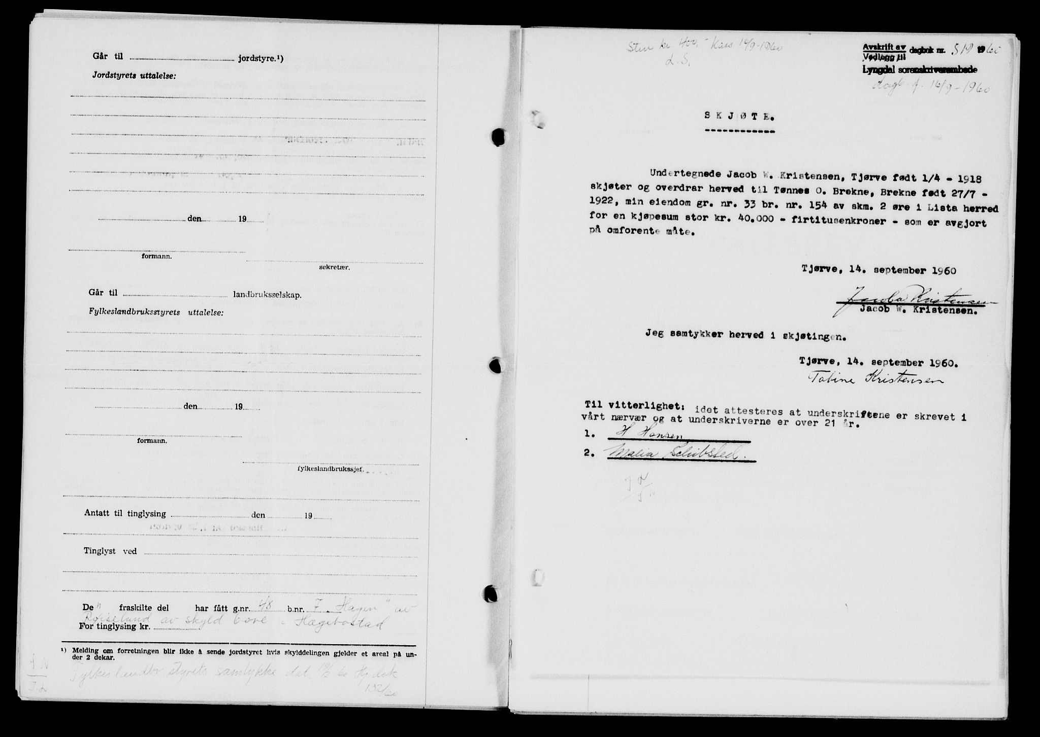 Lyngdal sorenskriveri, AV/SAK-1221-0004/G/Gb/L0680: Mortgage book no. A XXVI, 1960-1960, Diary no: : 819/1960