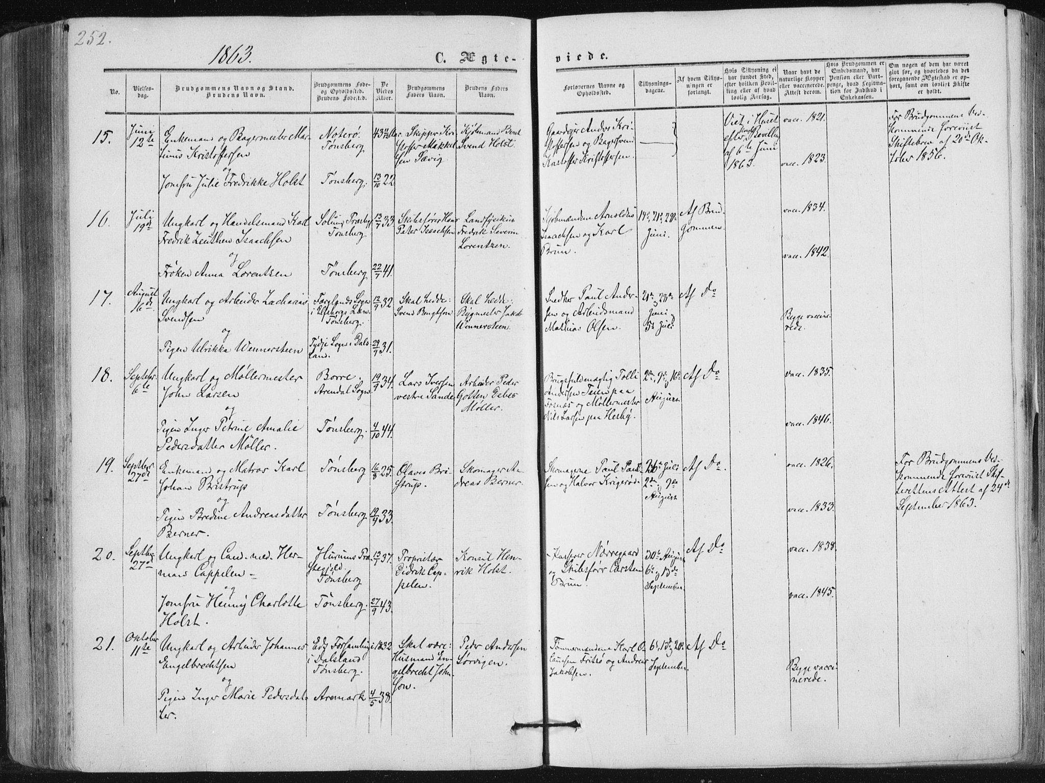 Tønsberg kirkebøker, AV/SAKO-A-330/F/Fa/L0008: Parish register (official) no. I 8, 1855-1864, p. 252