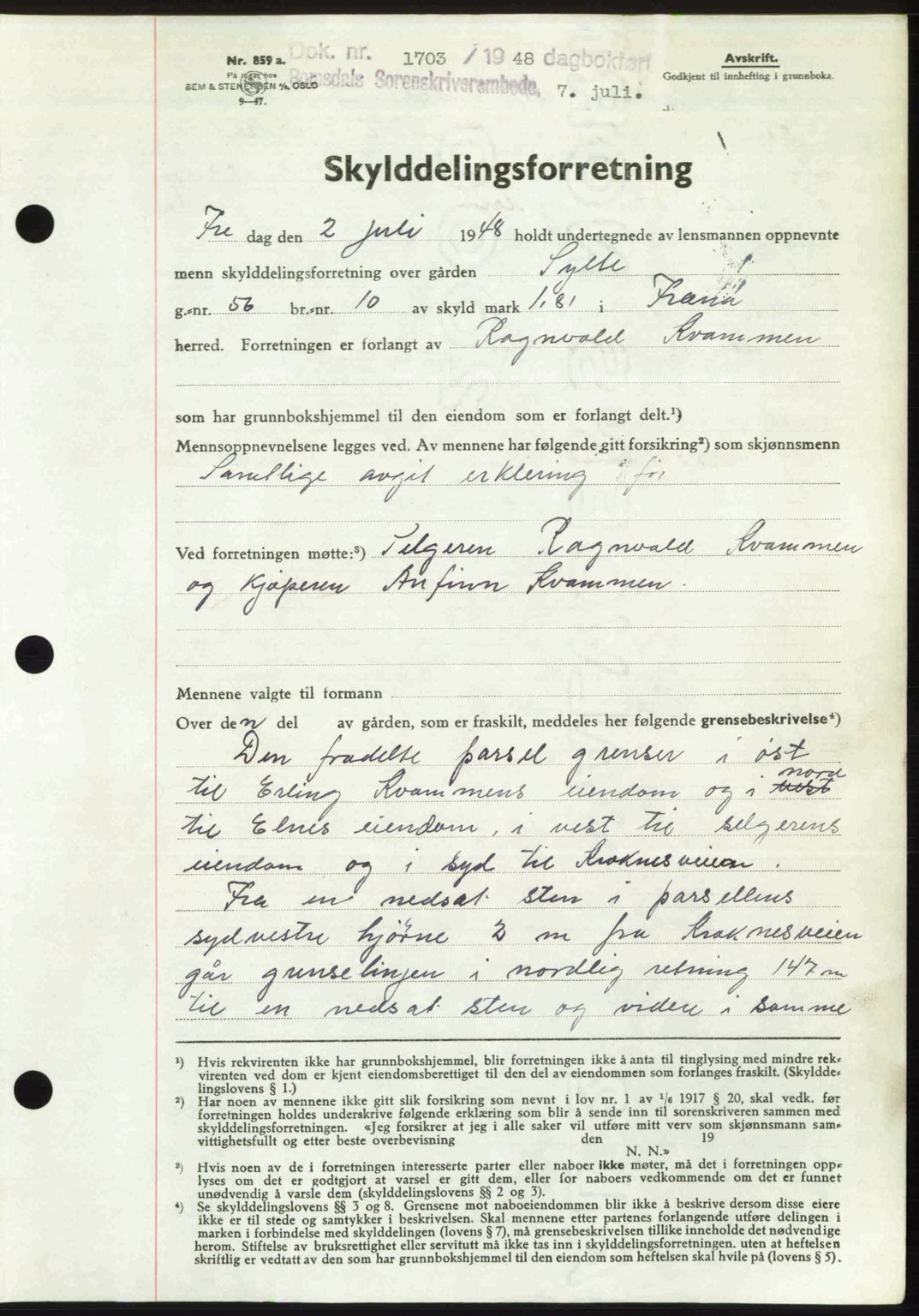 Romsdal sorenskriveri, AV/SAT-A-4149/1/2/2C: Mortgage book no. A26, 1948-1948, Diary no: : 1703/1948