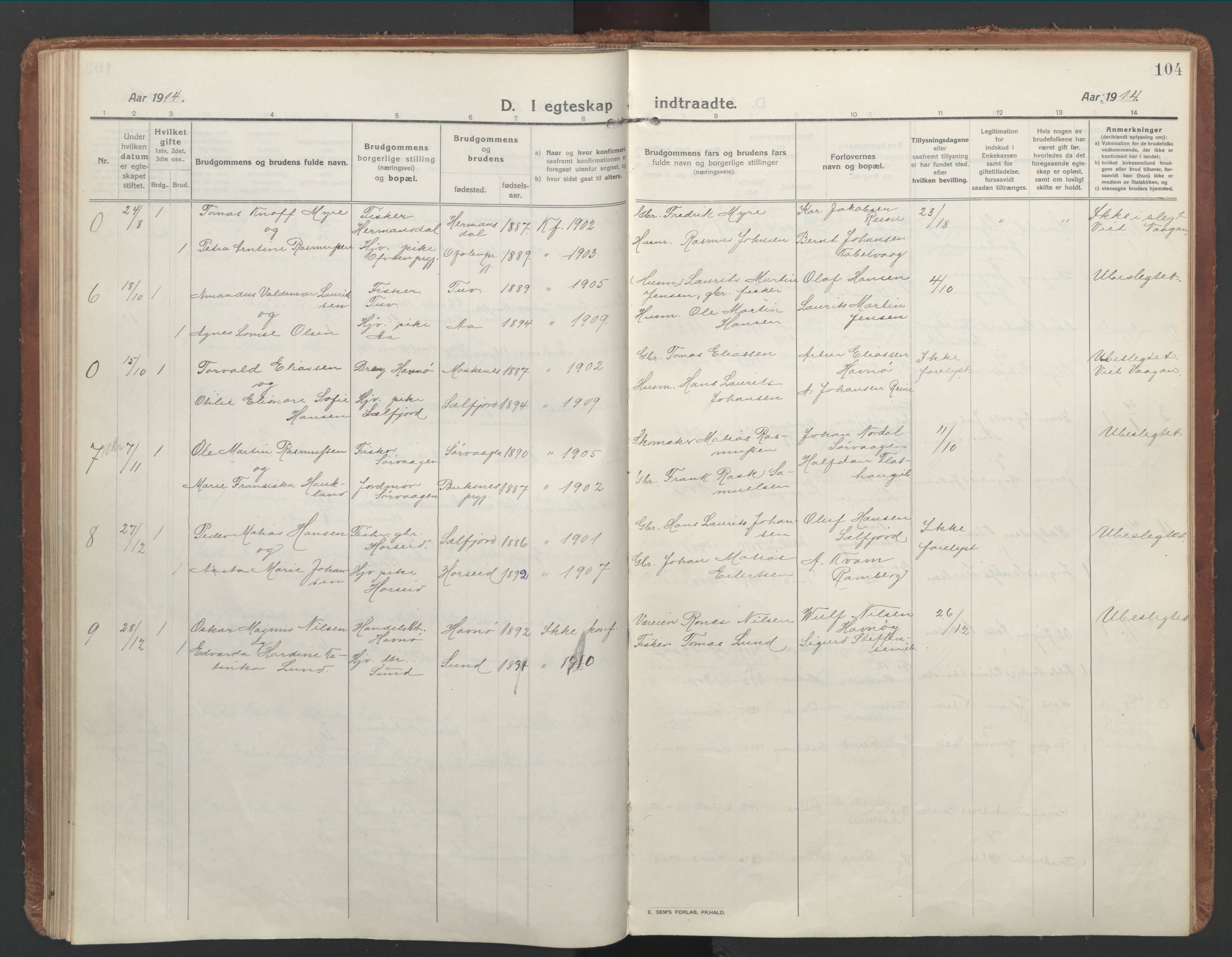 Ministerialprotokoller, klokkerbøker og fødselsregistre - Nordland, AV/SAT-A-1459/886/L1222: Parish register (official) no. 886A04, 1914-1926, p. 104