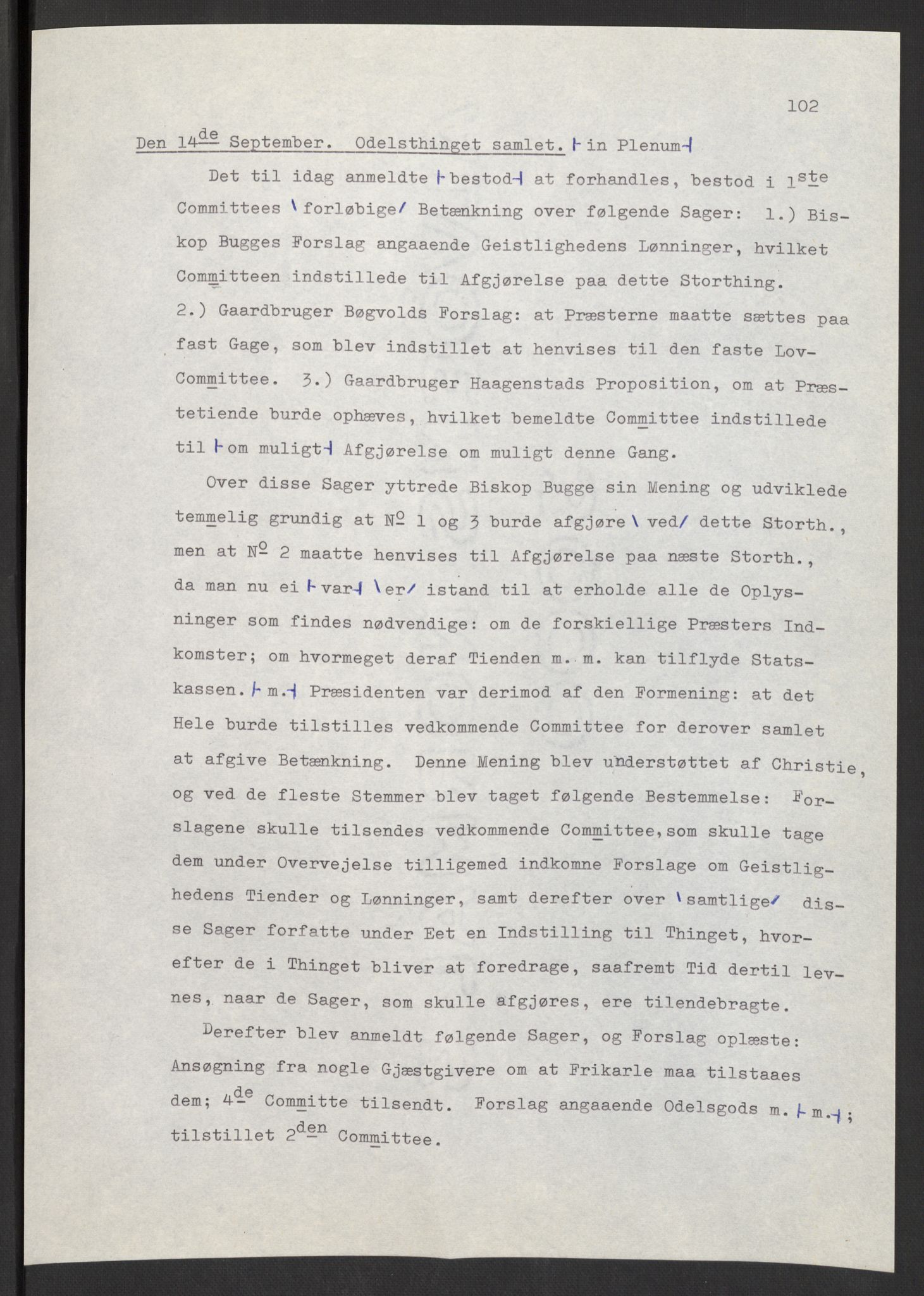 Manuskriptsamlingen, AV/RA-EA-3667/F/L0197: Wetlesen, Hans Jørgen (stortingsmann, ingeniørkaptein); Referat fra Stortinget 1815-1816, 1815-1816, p. 102