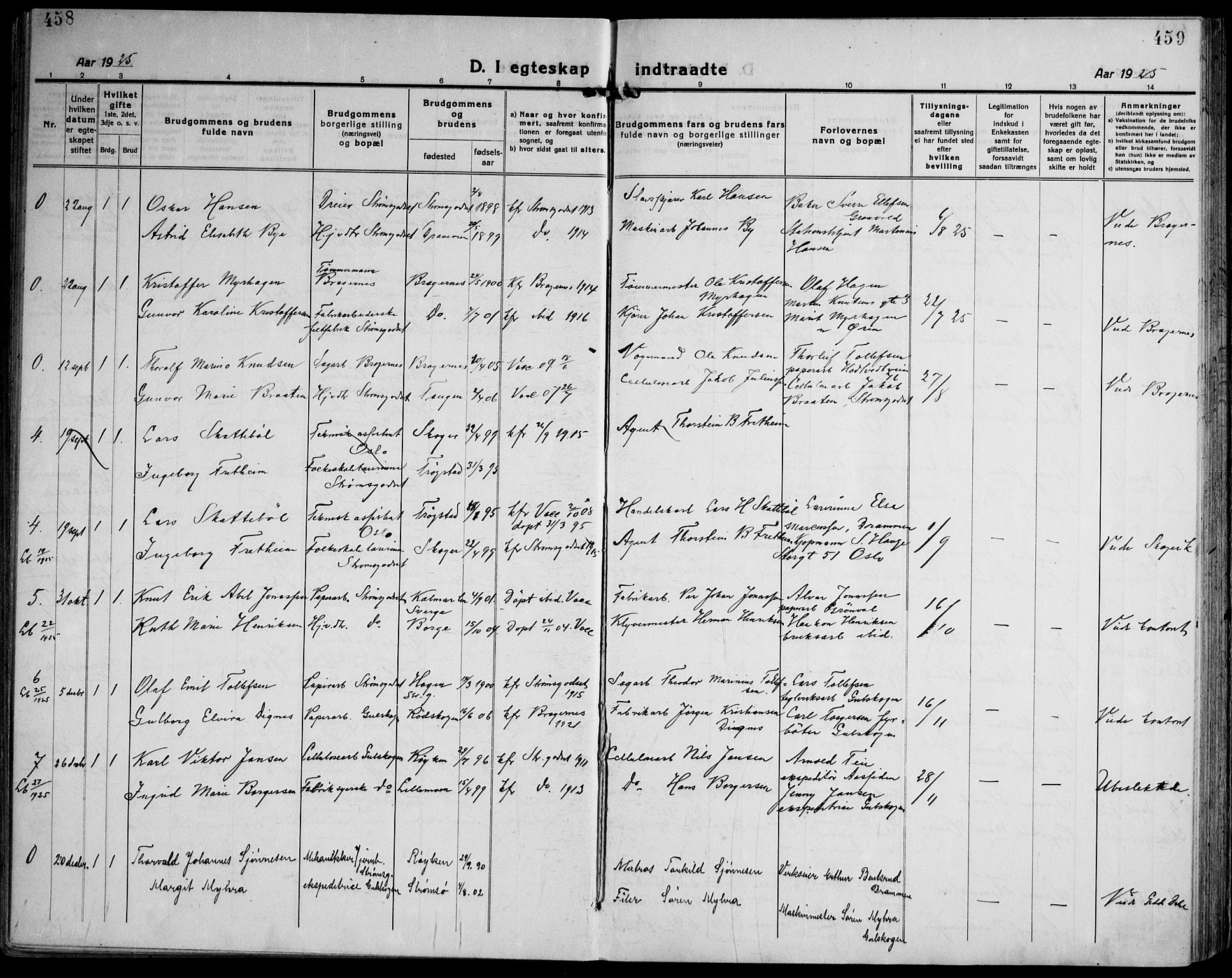 Strømsgodset kirkebøker, AV/SAKO-A-324/F/Fa/L0003: Parish register (official) no. 3, 1920-1936, p. 458-459