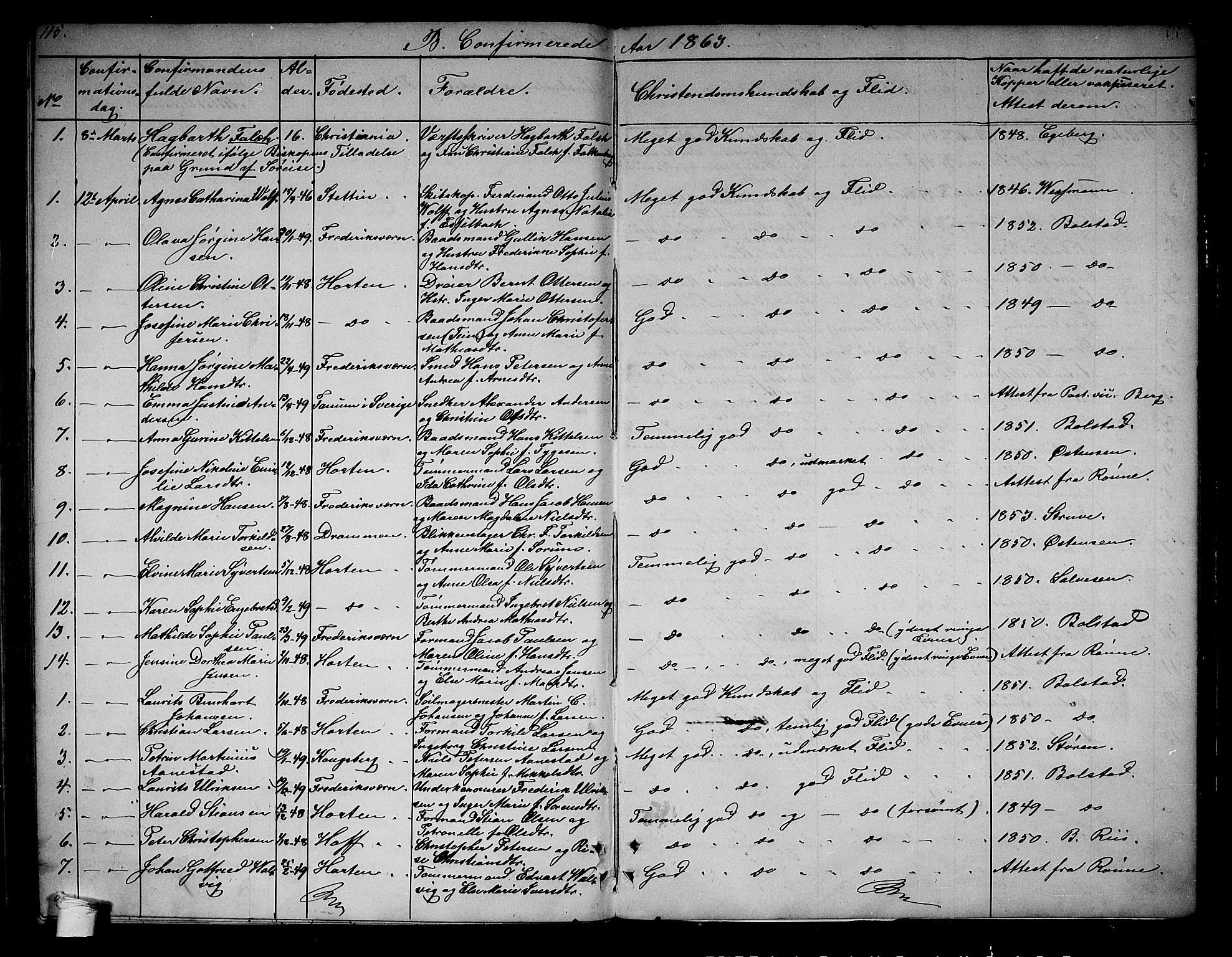 Horten kirkebøker, AV/SAKO-A-348/G/Ga/L0001: Parish register (copy) no. 1, 1855-1863, p. 115