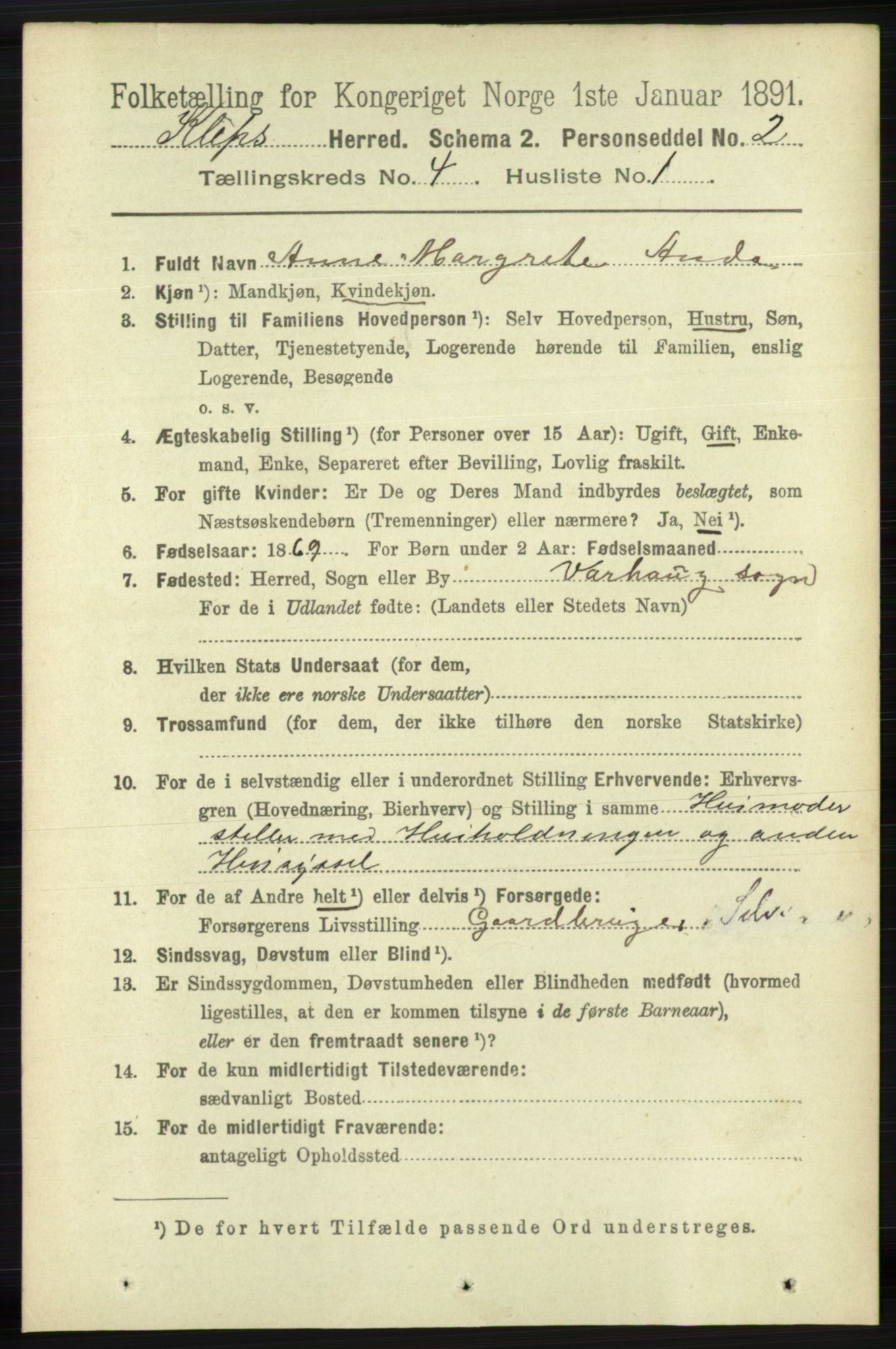 RA, 1891 census for 1120 Klepp, 1891, p. 950