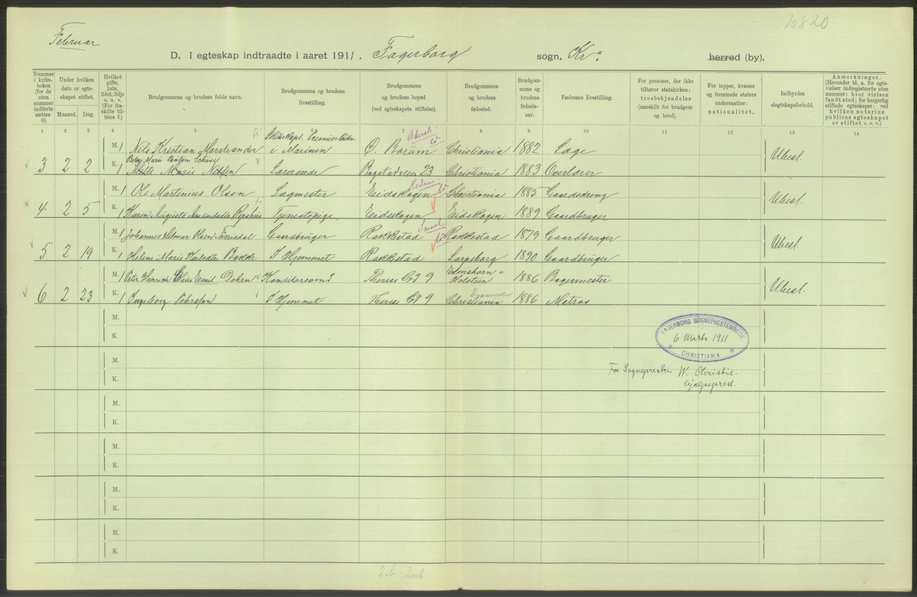 Statistisk sentralbyrå, Sosiodemografiske emner, Befolkning, AV/RA-S-2228/D/Df/Dfb/Dfba/L0008: Kristiania: Gifte, 1911, p. 336