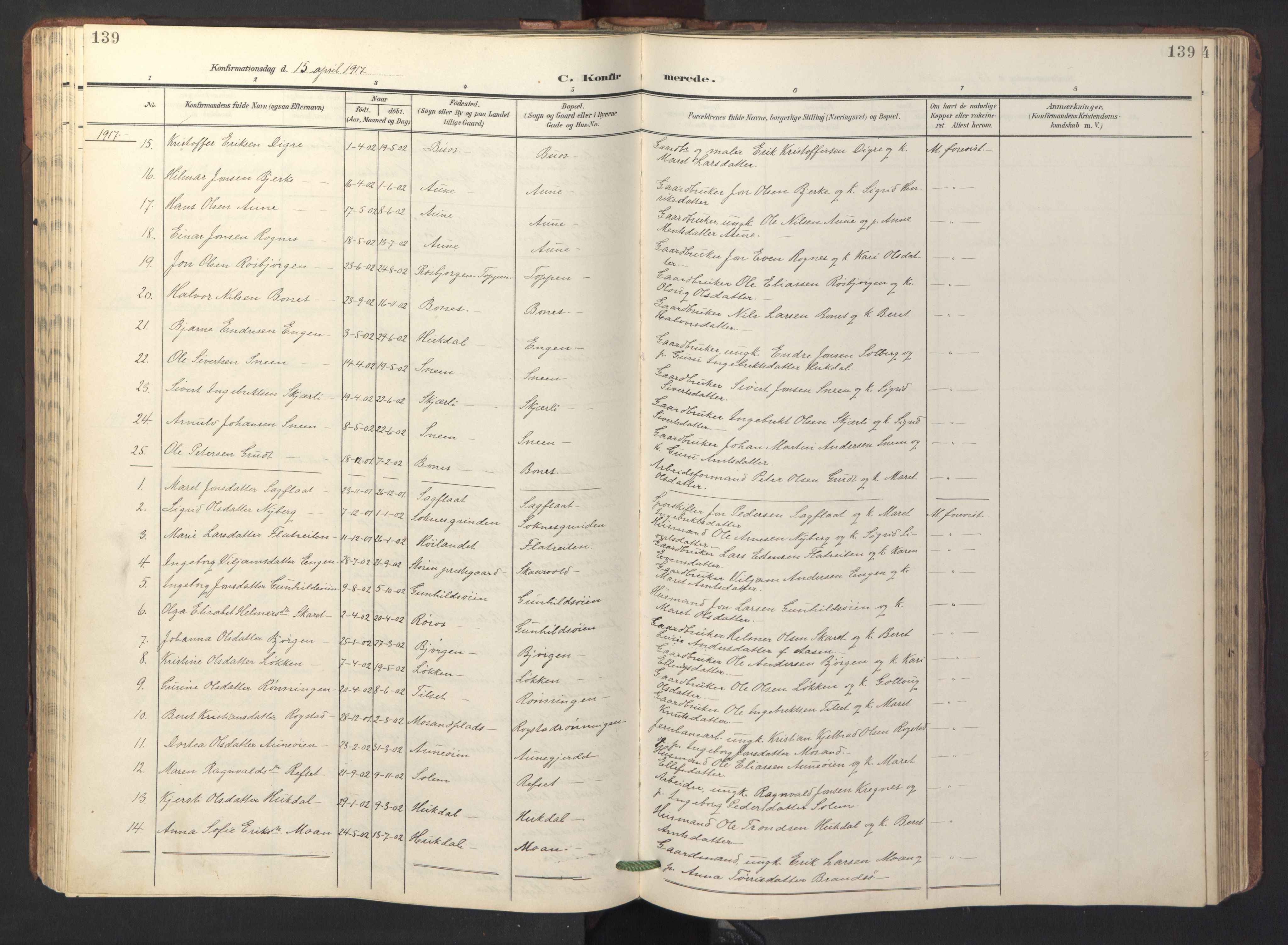 Ministerialprotokoller, klokkerbøker og fødselsregistre - Sør-Trøndelag, SAT/A-1456/687/L1019: Parish register (copy) no. 687C03, 1904-1931, p. 139