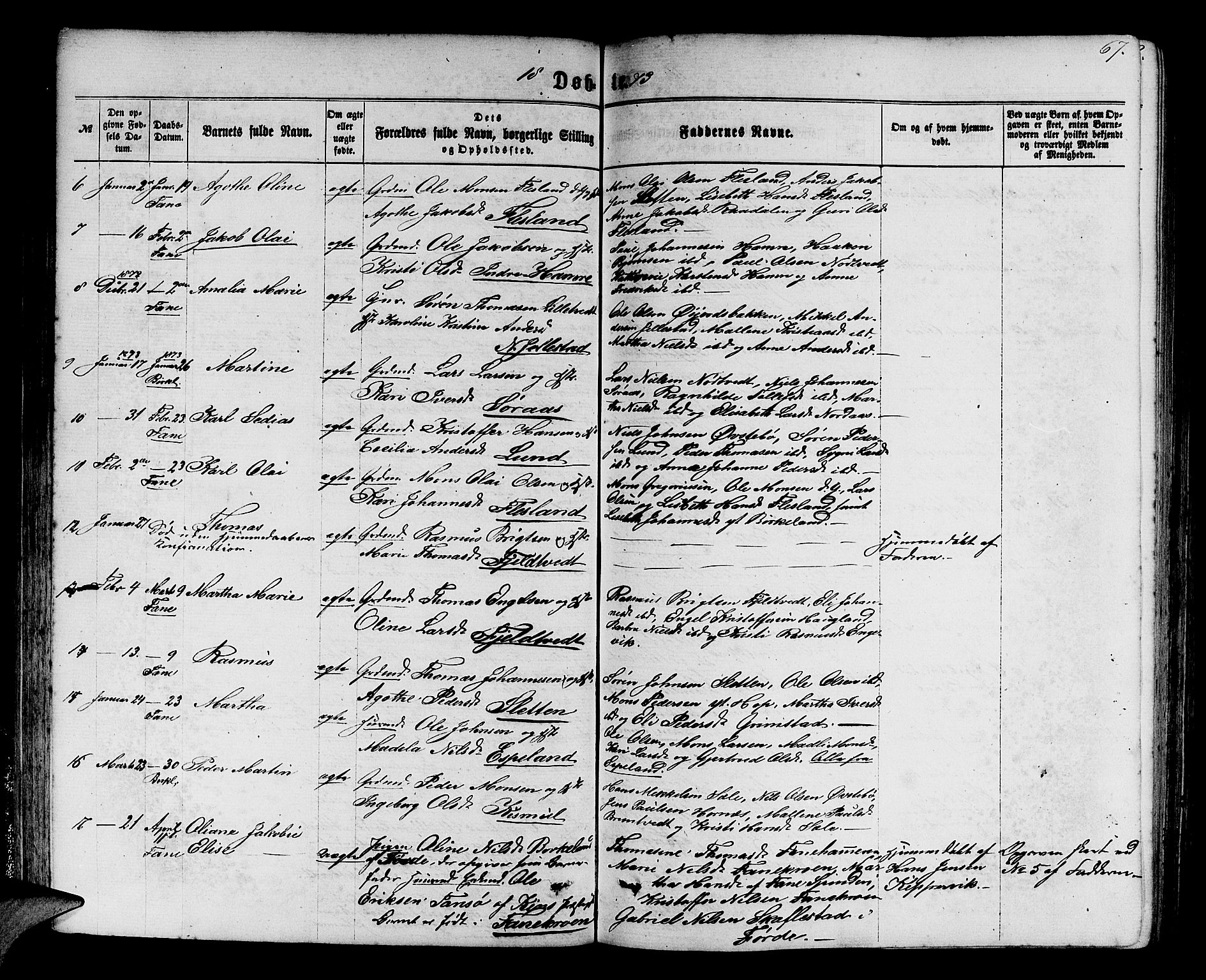 Fana Sokneprestembete, SAB/A-75101/H/Hab/Habb/L0003: Parish register (copy) no. B 3, 1861-1888, p. 67