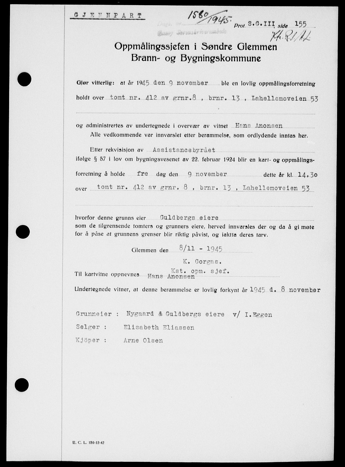 Onsøy sorenskriveri, SAO/A-10474/G/Ga/Gab/L0015: Mortgage book no. II A-15, 1945-1946, Diary no: : 1580/1945