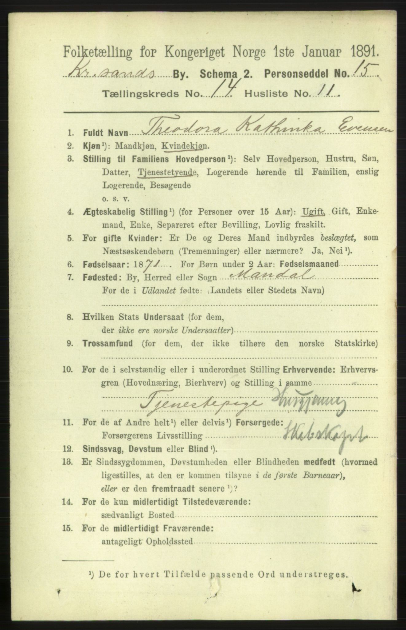 RA, 1891 census for 1001 Kristiansand, 1891, p. 6314