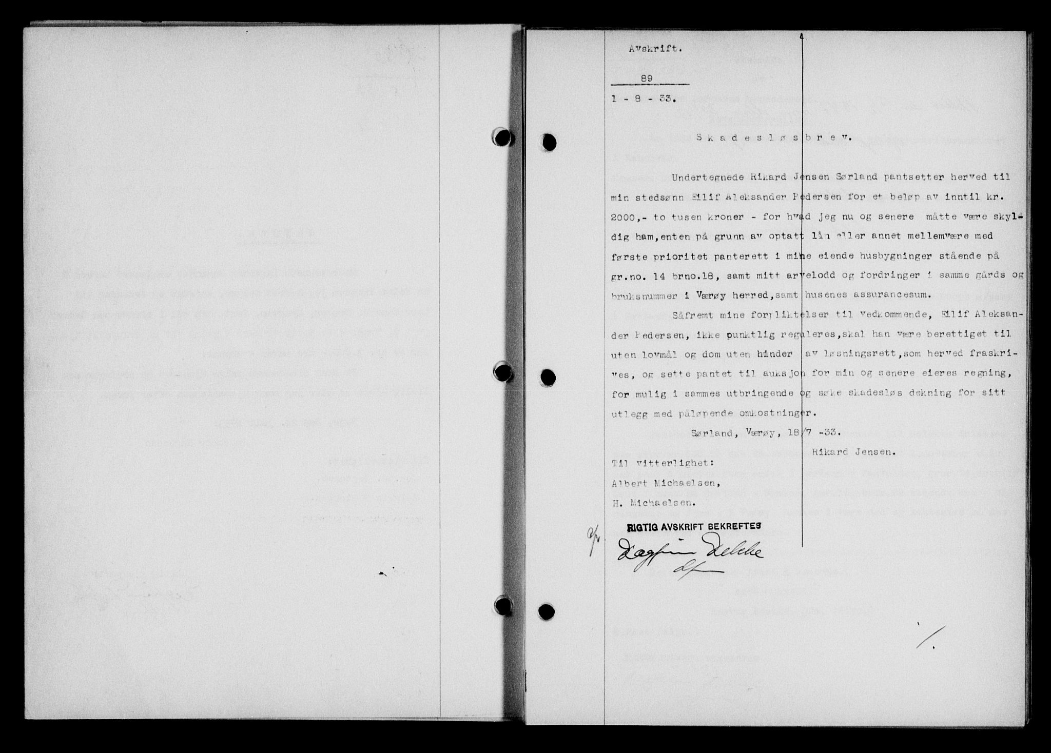 Lofoten sorenskriveri, SAT/A-0017/1/2/2C/L0028b: Mortgage book no. 28b, 1933-1933, Deed date: 01.08.1933